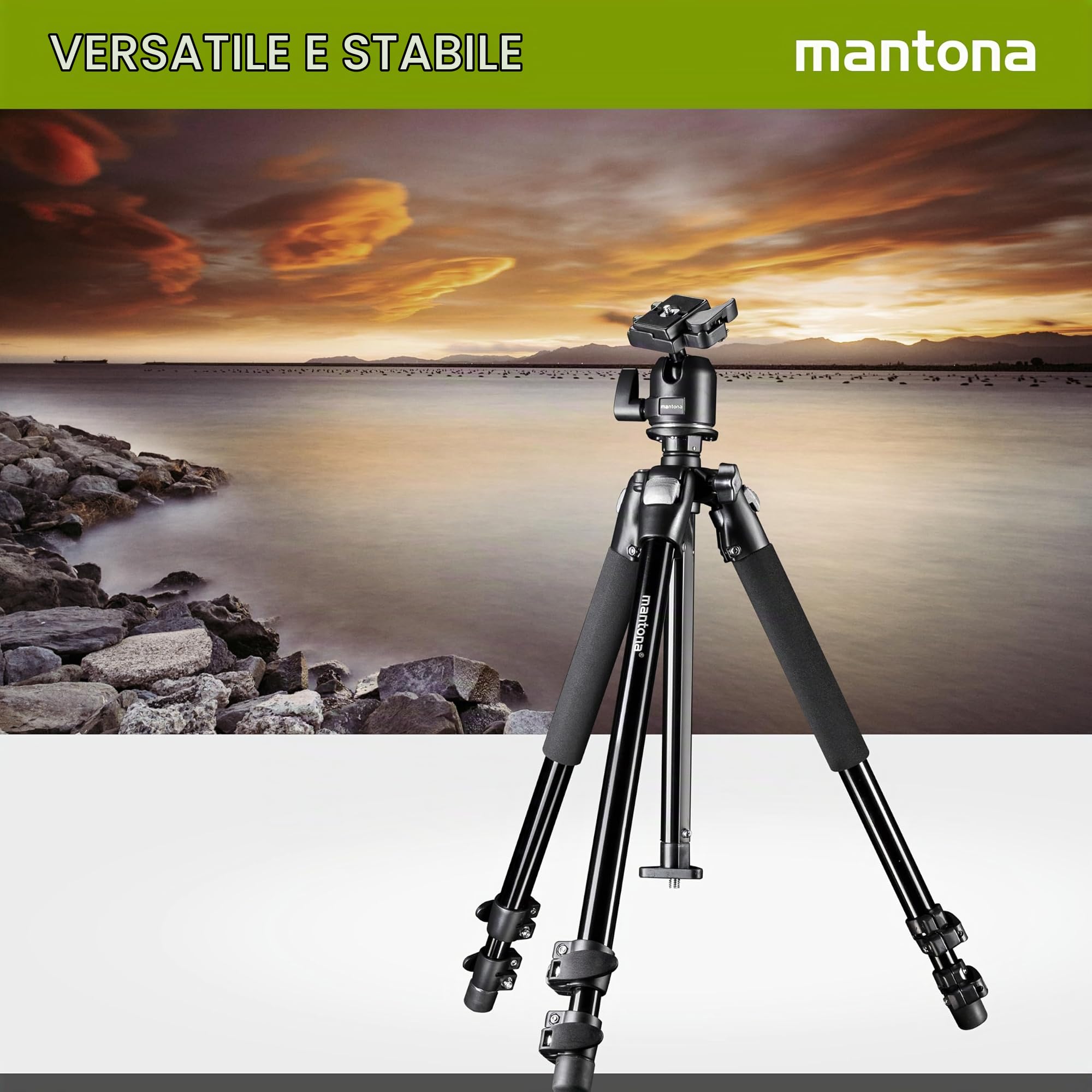 Mantona Treppiede fotografico Basic Scout Max Makro II - 90 x 90 x 615 mm - altezza di lavoro fino a 153 cm/carico max. 6 kg - con testa a sfera, reversibile e seconda colonna centrale - Da viaggio