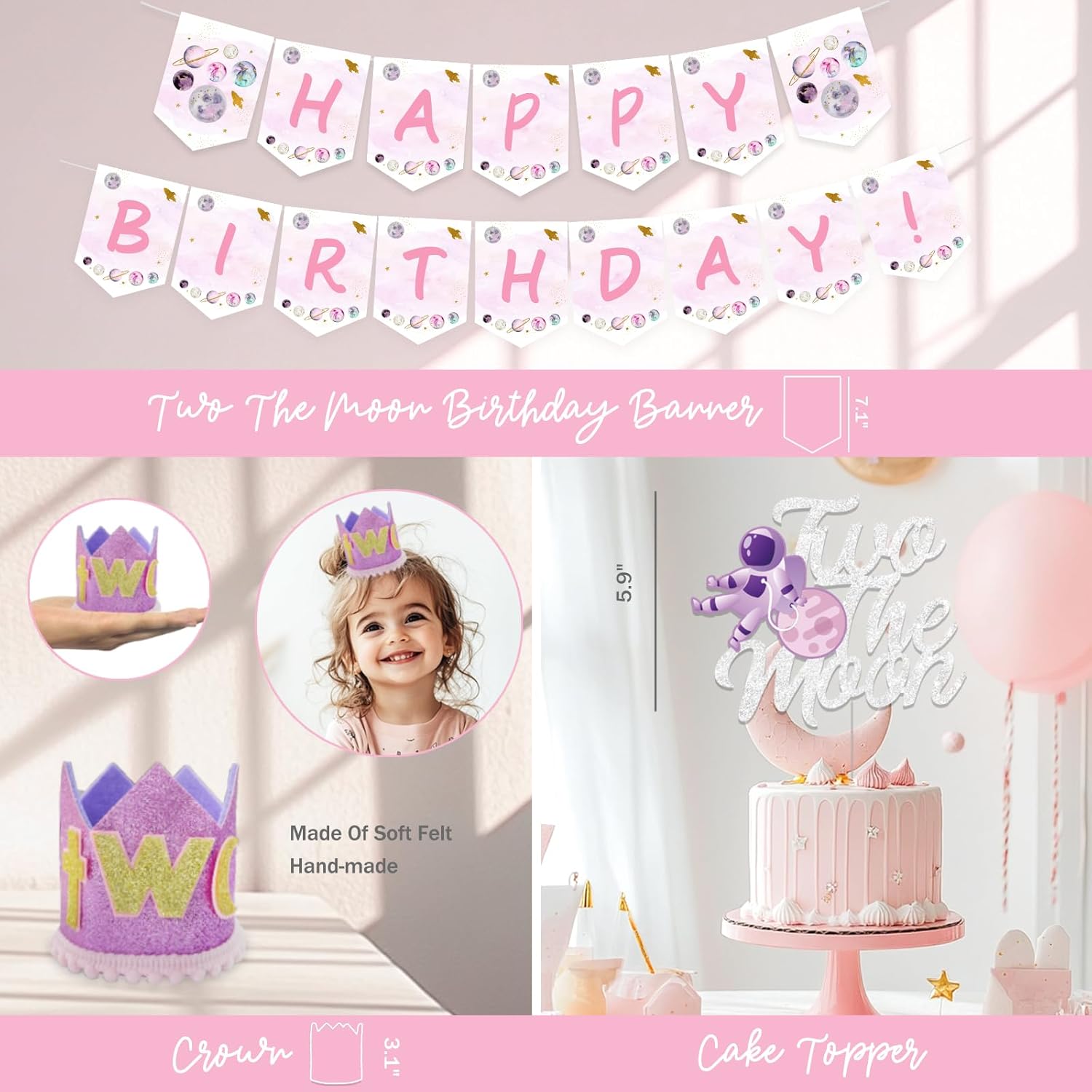 Two The Moon Birthday Decorations Girl, 136 PCs Outer Space 2nd Party Decorations Backdrop Balloon Garland Arch Banner Cake Topper Box Cutout Crown Poster Astronaut Spaceman Rocket Pink