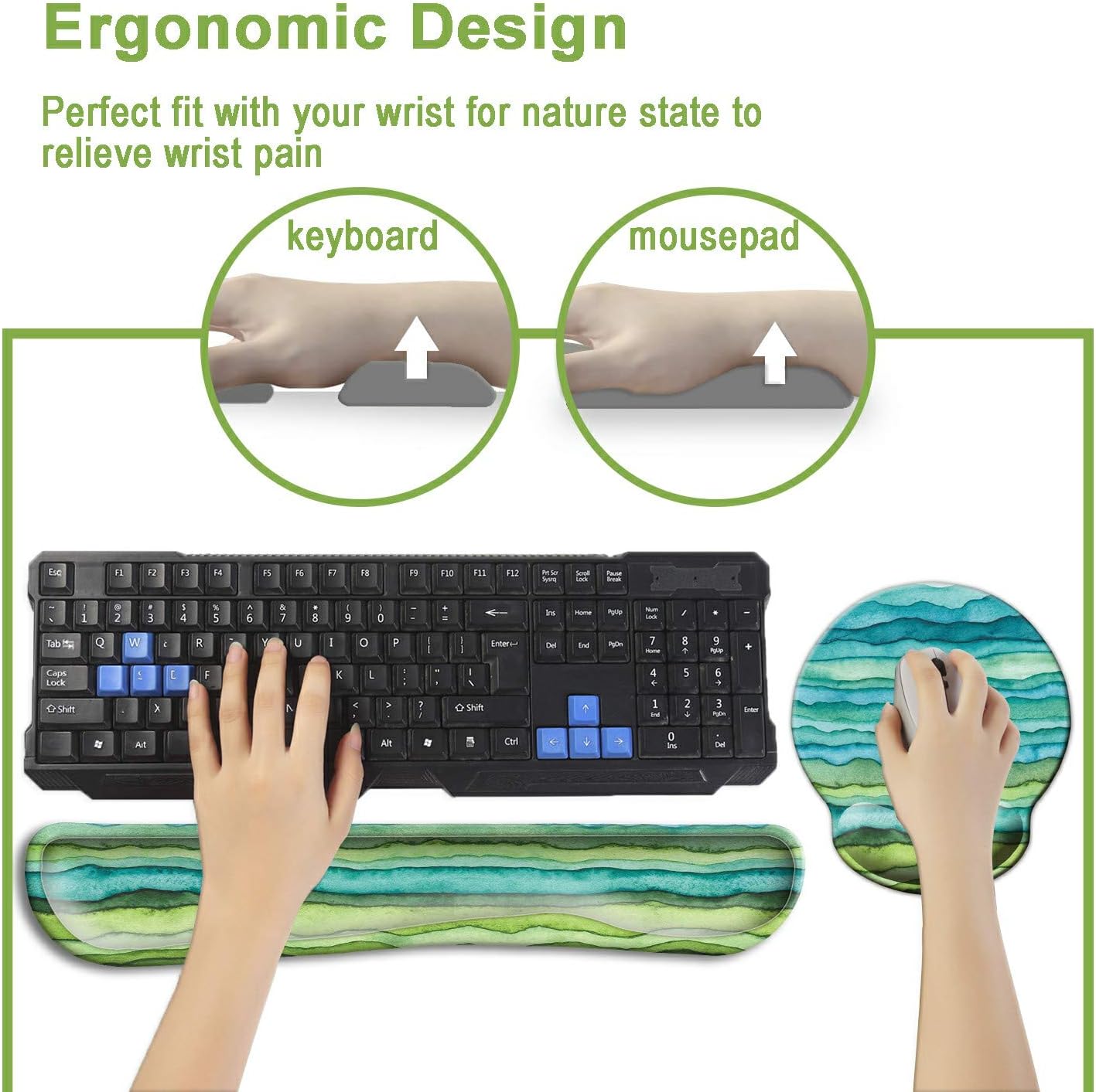 Dooke Keyboard Wrist Rest Pad and Mouse Wrist Rest Support, Comfort Wrist Rest Pad with Non-Slip Rubber Base & Memory Foam Support for Working Gaming Fatigue Pain Relief Green Wave