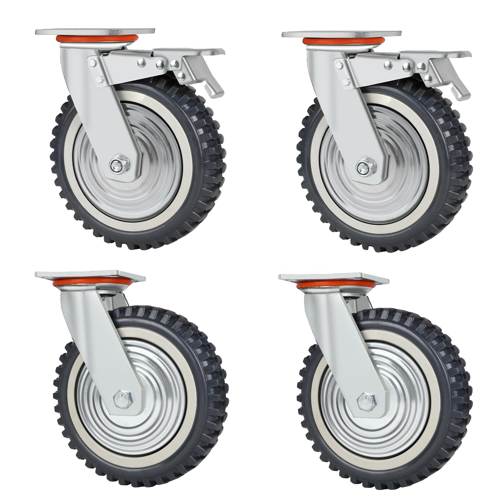 DBREAKS Ruote per carichi pesanti, diametro 200 mm, 4 ruote per pannelli, 2 ruote girevoli con freno + 2 ruote girevoli, ruote in gomma piena a 360°, ruote mobili da 2000 kg per tavolo di saldatura
