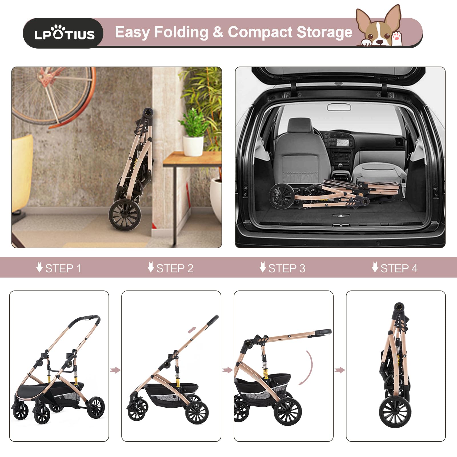 3 in 1 Hundewagen mit Abnehmbarer Reisesitz Hundebuggy Hundebox Transporttasche Klappbar, Haustier Kinderwagen bis 25KG