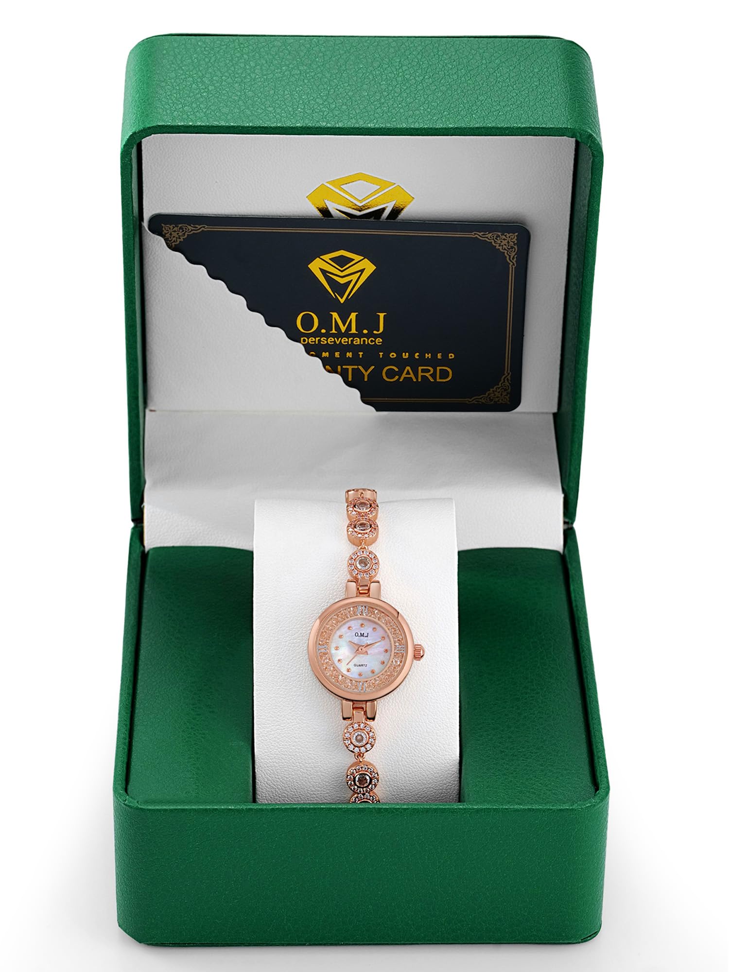 O.M.J Reloj para mujer de oro rosa con esfera de nácar y piedra natal con detalles de cristal