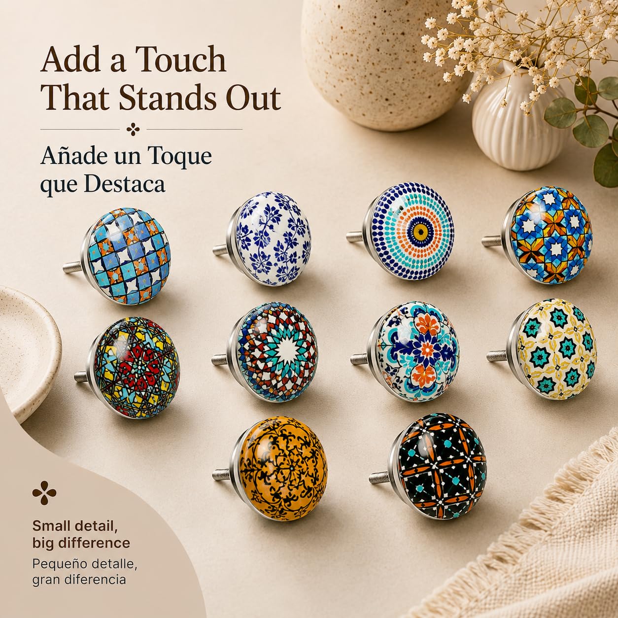 Nacnic 10 Pomos de Cerámica con Flores Estilo Mandala | Tiradores Artesanales para Cocina Cajones Armarios Muebles de Baño | Perillas de Pintadas a Mano | Diámetro y Longitud Perno 40 mm
