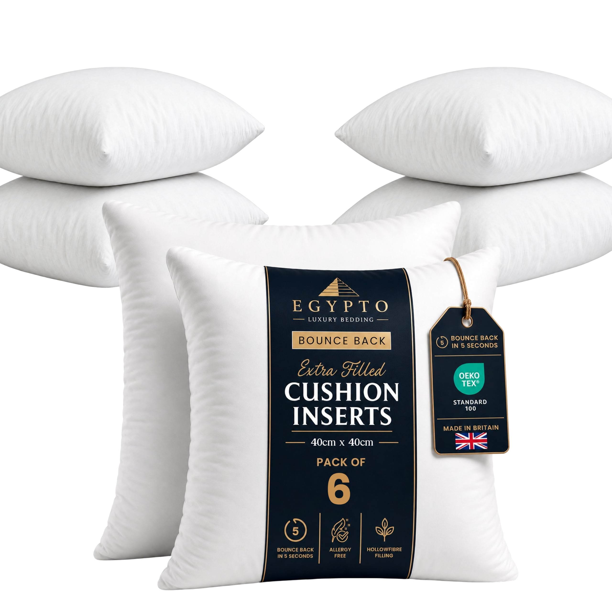 EGYPTO Pack of 6 Cushion Inserts 40cm x 40cm | Plump Bounce Back 16x16 Inch Cushion Inserts | Hypoallergenic Throw & Sofa Pillows Inner | Made in UK