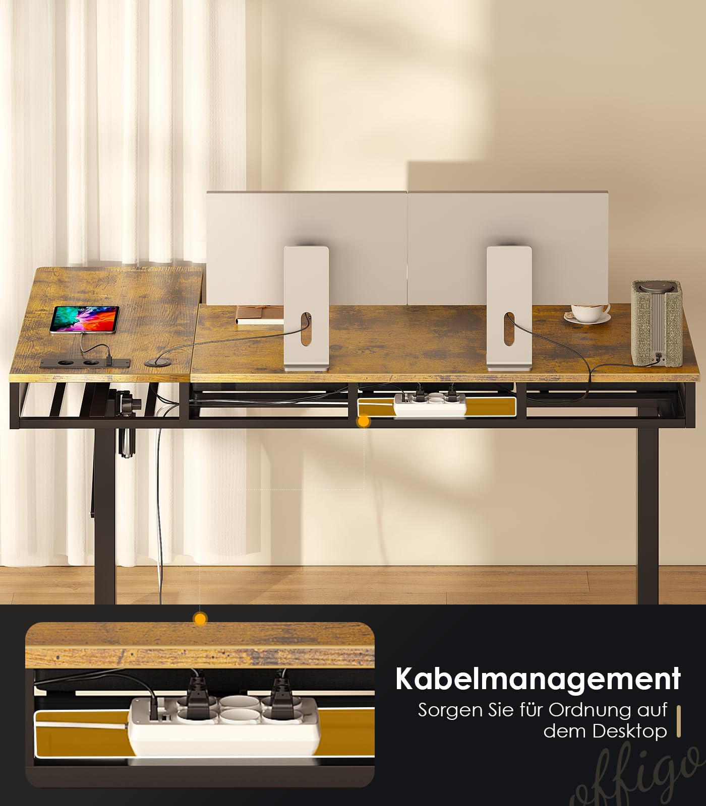 OffiGo Eckschreibtisch Höhenverstellbar, 160x80 cm Höhenverstellbarer Schreibtisch mit 4 Schublade, Elektrischer Tisch L Form mit Steckdose für Büro und Arbeitszimmer, Groß Ecktisch Vintage Braun