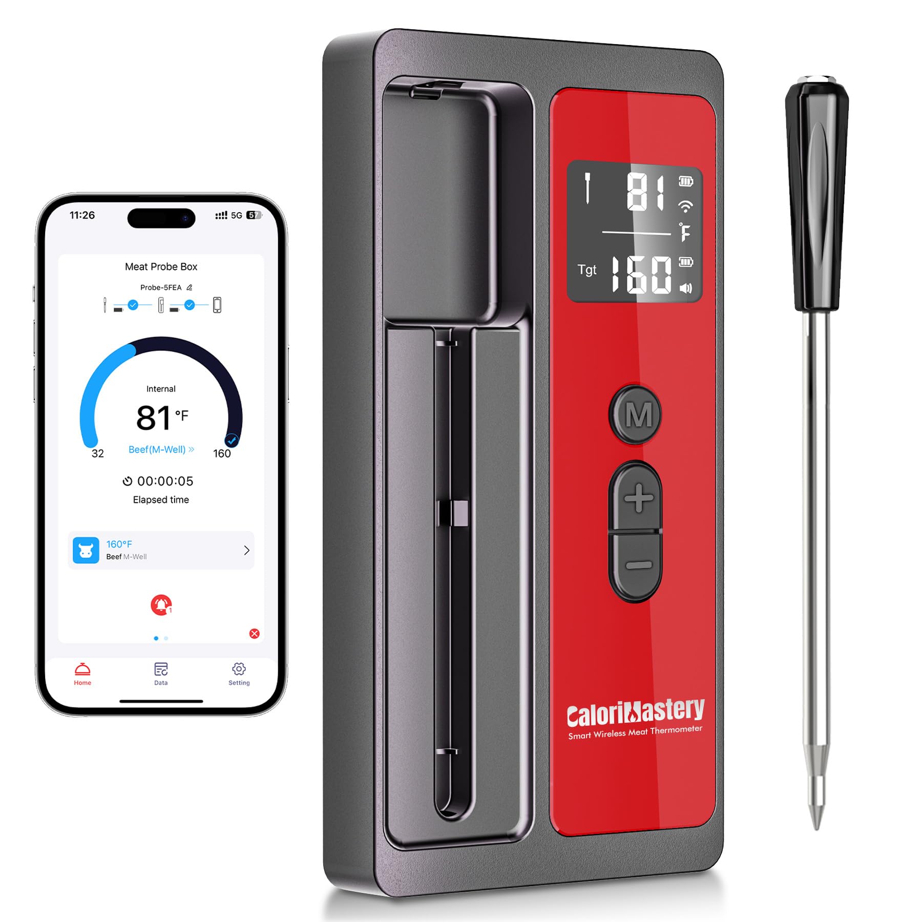 CaloriMastery Wireless Smart Bluetooth Meat Thermometer Digital for BBQ, Grill, Oven, Smoker, 500ft Range Cooking Thermometer with Ultra-Thin Wireless Meat Probe, Perfect for Steak, Chicken, Turkey