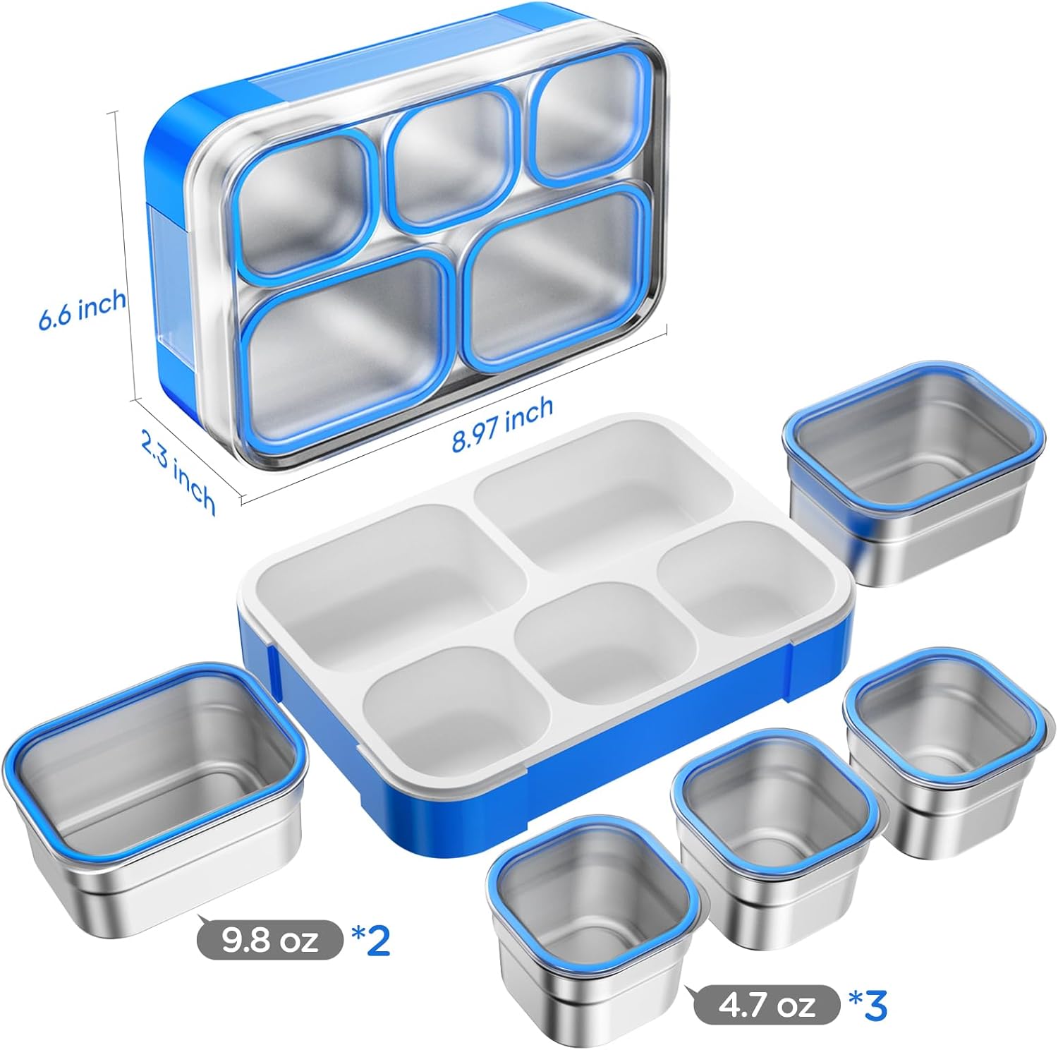 Lunch Box Stainless Steel Bento for Kids Adults Leakproof BPA-Free with Lunch Bag Metal Lunch Containers Tray 5-Compartment with Fork for Boy Food Snack Containers for School Outdoors Navy-Blue - Image 5