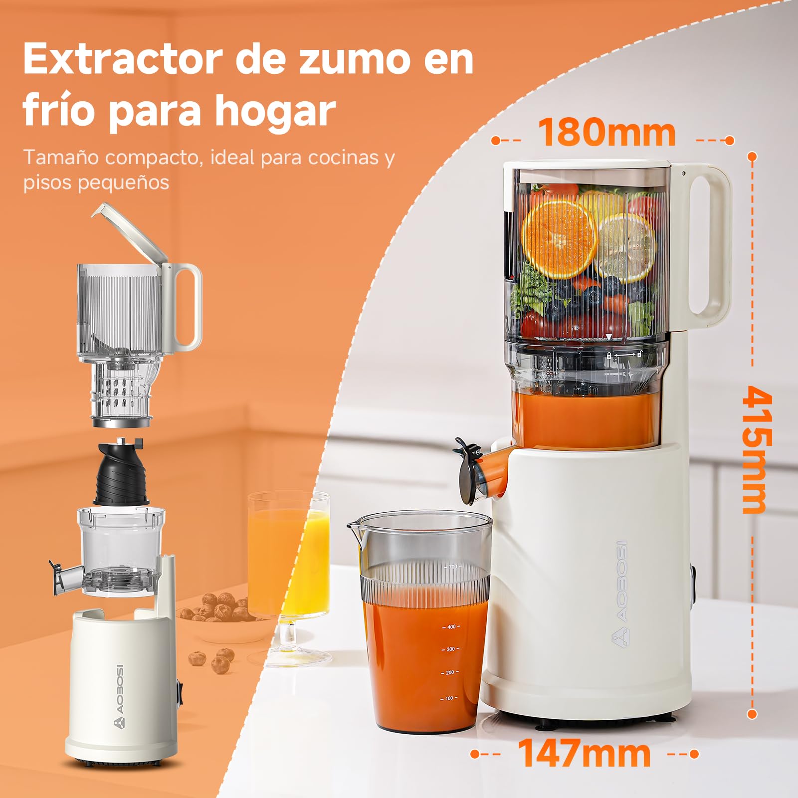 Aobosi Licuadora prensado en frio, Extractor de zumos y frutas con motor silencioso, 1.5 L, 200 W, Extractor de jugos Cold Press Slow Juicer Machine con Sinfín Mejorado