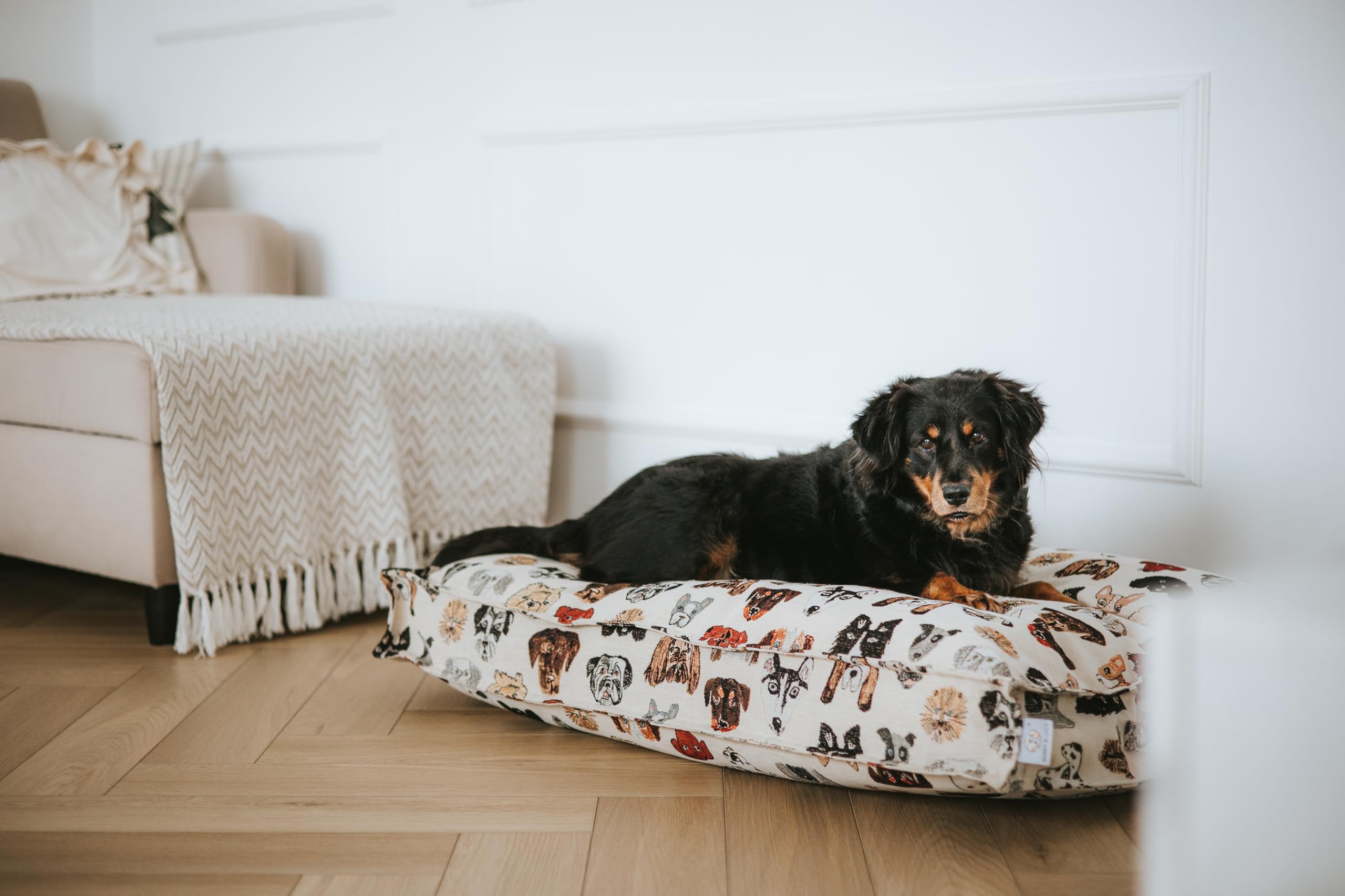 BARRY & LUCY® Hundebett aus Jacquard – Hochwertiges Hundekissen mit abnehmbarem Bezug & Tragegriff stilvolles Design mit Hunde-Motiven in 3 Größen erhältlich – Waschbar & bequem (Orthopädisch, L)