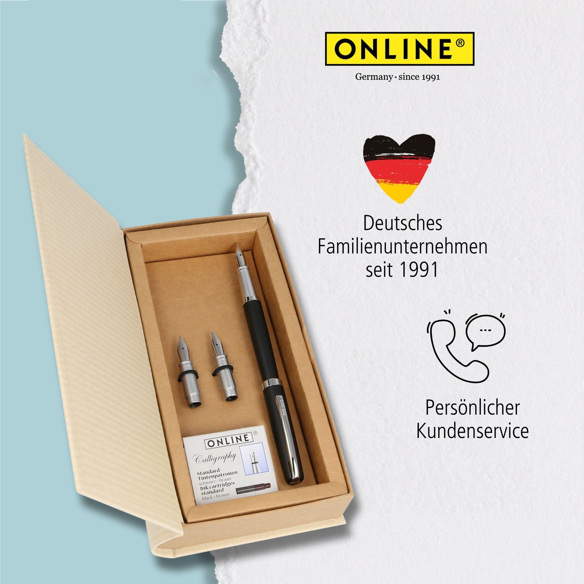 Online Eleganza Kalligrafie Set, Schönschreibfüller mit 3 Federn in den Strichstärken 0,8/1,4/1,8 mm, Kalligrafie Füller Geschenkset, inklusive Tintenpatronen schwarz/braun, Geschenkverpackt