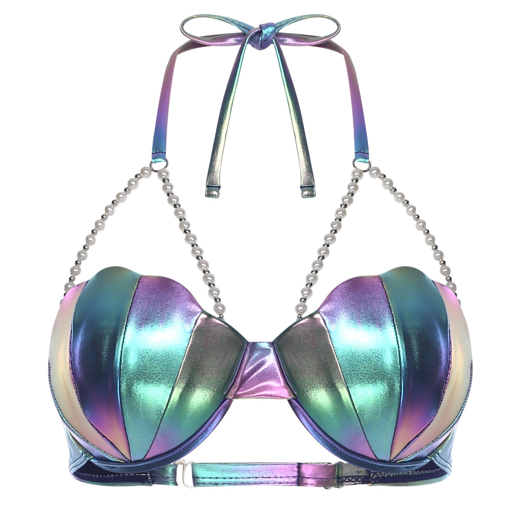 Women's Shiny Halter Neck Mermaid Bra Top with Pearl Chains Sea Shell Mermaid...