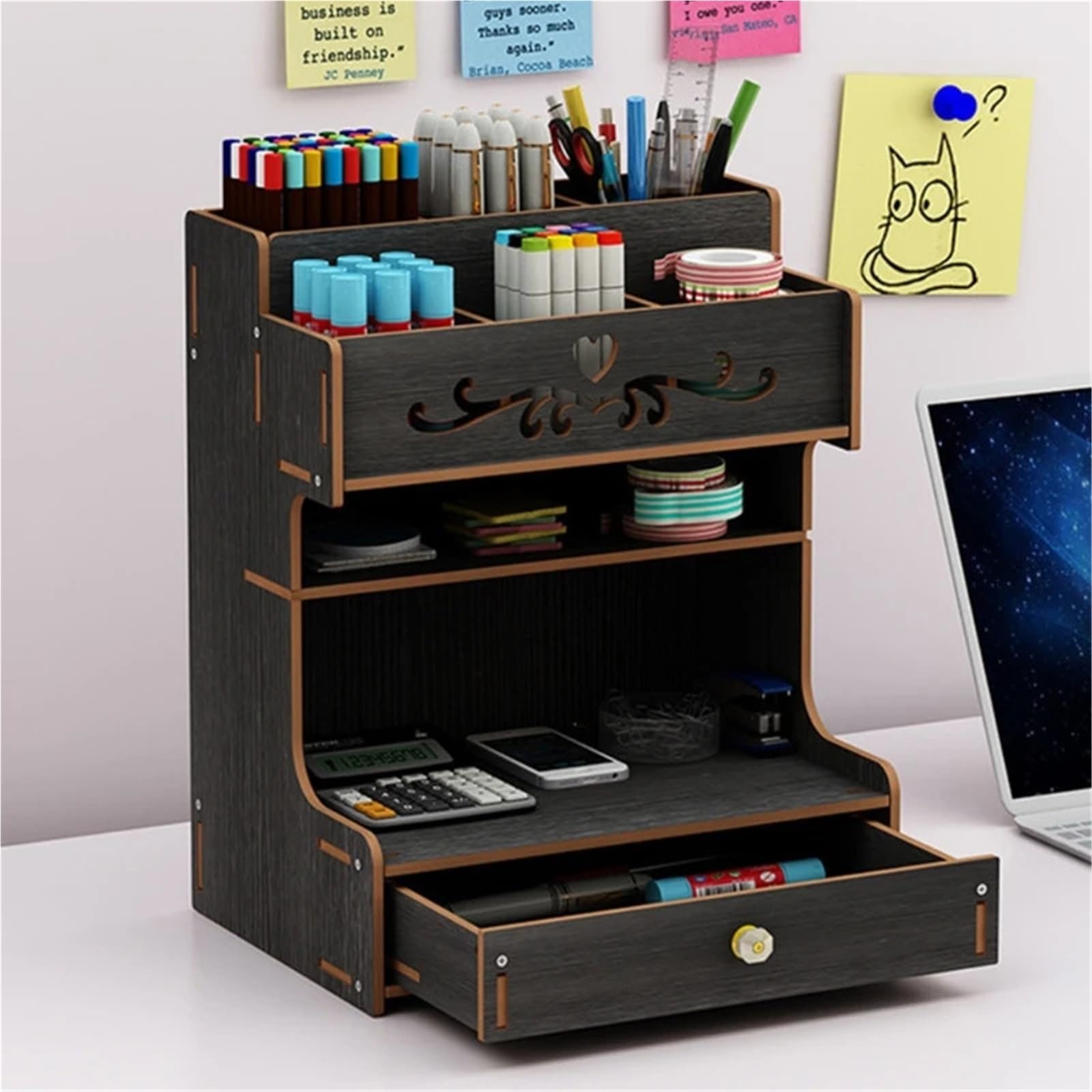 organizador escritorio Wooden Pen Holder With Drawer Multi-Functional Desktop Stationary Pencil Box Home Office Art Supplies Rack(Color 5)