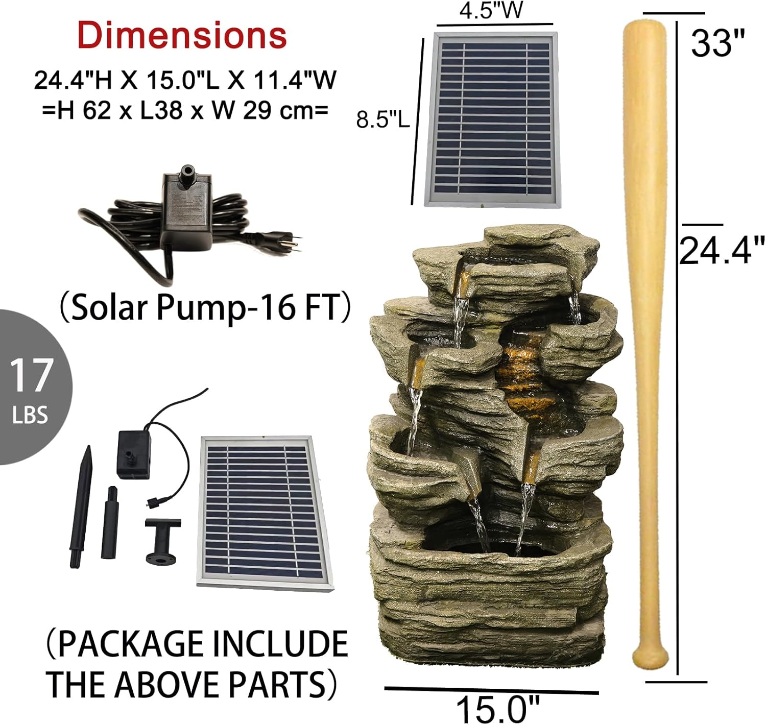 Bumilgar 6 Tier Cascading Rock Solar Water Fountain Outdoor Garden Waterfall Decor for Garden, Patio, Backyard, Deck, Porch and Home Art Decor,24.4" H Outdoor Fountain with LED Lights
