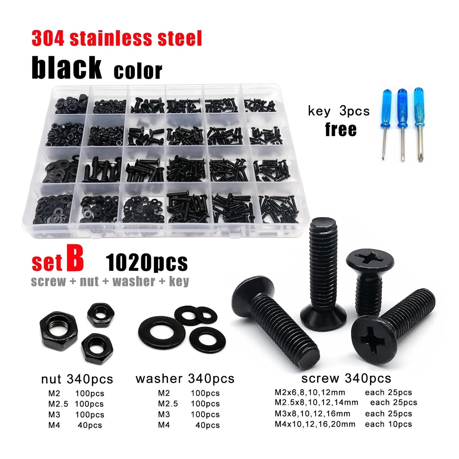 Acero Inoxidable 304, Surtido De Tornillos De Cabeza Avellanada Plana Phillips Negros M2.5 M3 M4 M5 - Kit Surtido De Pernos Y Tuercas (285/1020 Piezas, Caja Incluida)(Set B 1020pcs)