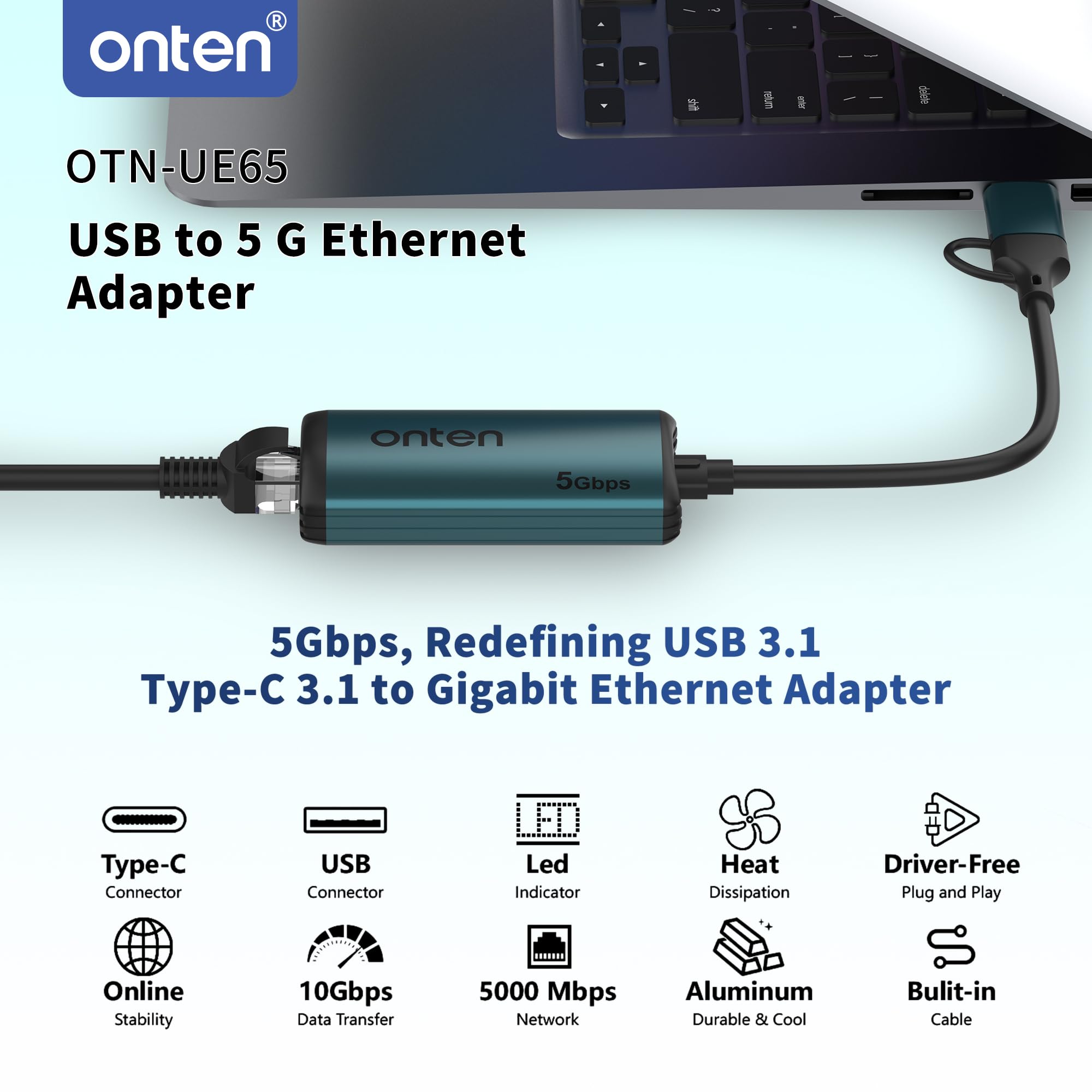 Adaptateur USB-C vers Ethernet – 5 Gbit/s haut débit, adaptateur réseau LAN Ethernet Type-C vers RJ45 compatible Thunderbolt 5/4/3, compatible avec MacBook Air/Pro, XPS