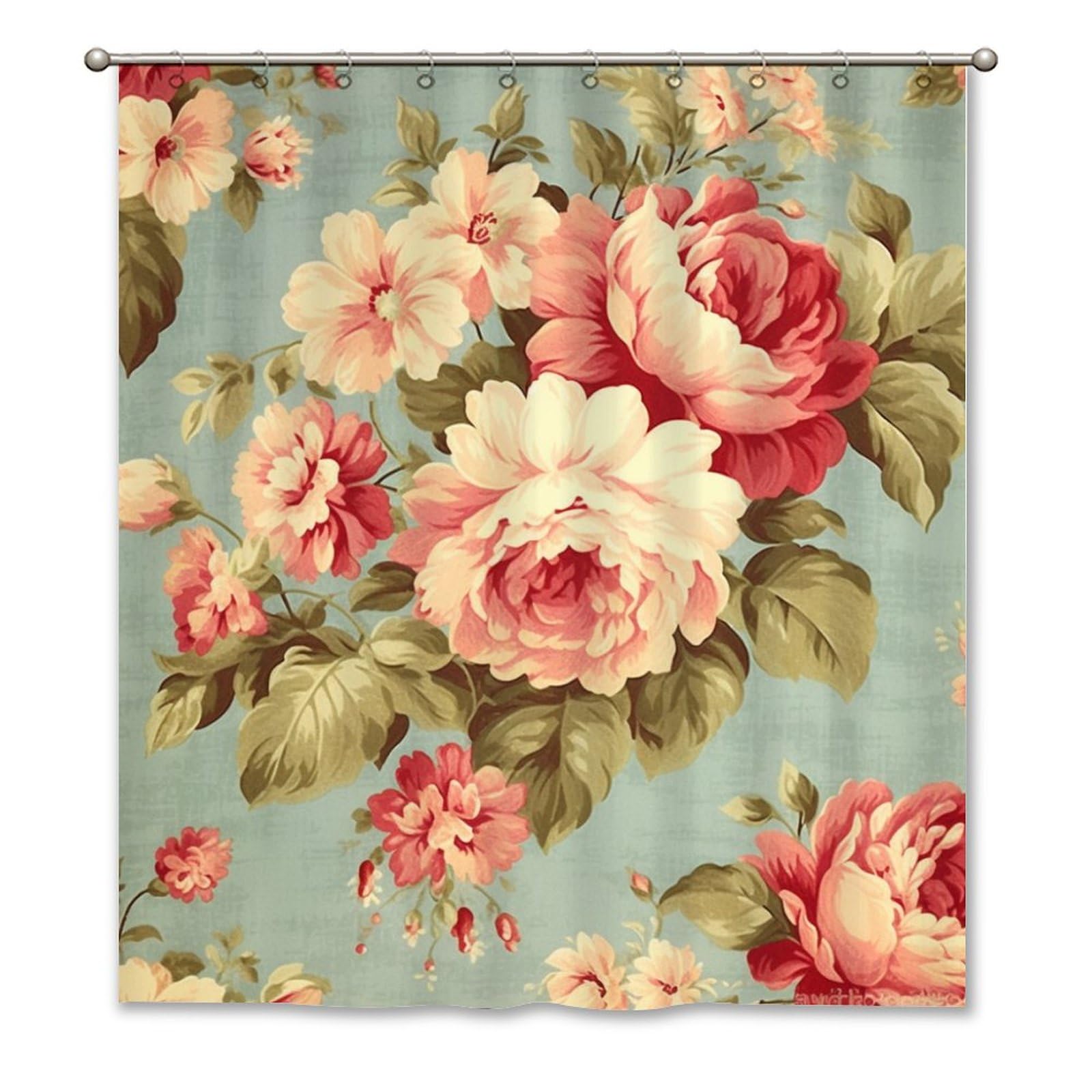Guangpat Men's Style-7 Chinoiserie Shower Curtain French Romantic Roses Aqua Pink Cabbage Roses Bath Curtains Asian Boho Shower Curtain 60X72in Polyester Fabric Bath Curtains Set With Hooks Bathroom Decor