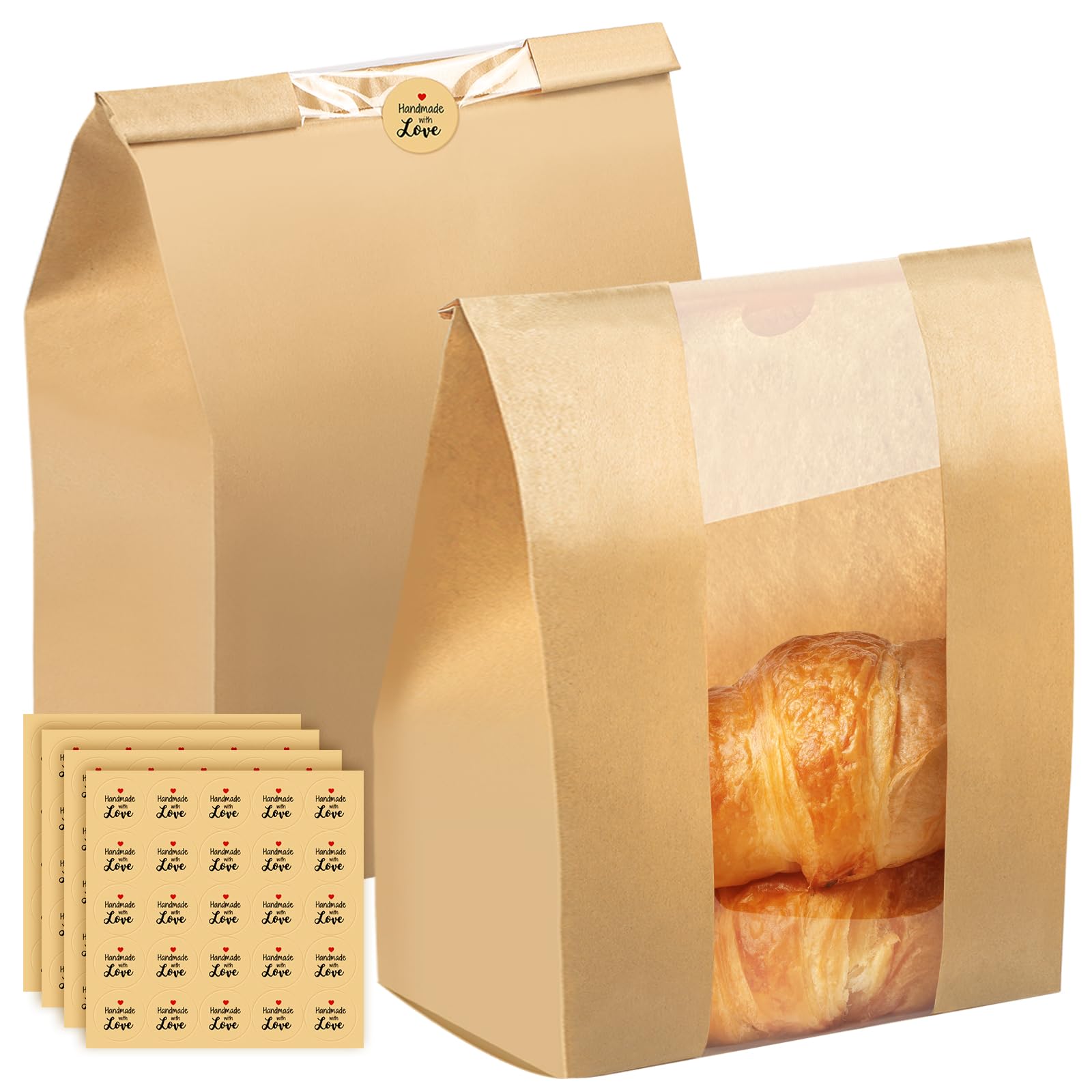 100 bolsas de papel para pan casero, bolsas de pan de masa madre con 100 calcomanías, bolsas de papel kraft con ventana transparente de 16 x 10 x 5 pulgadas
