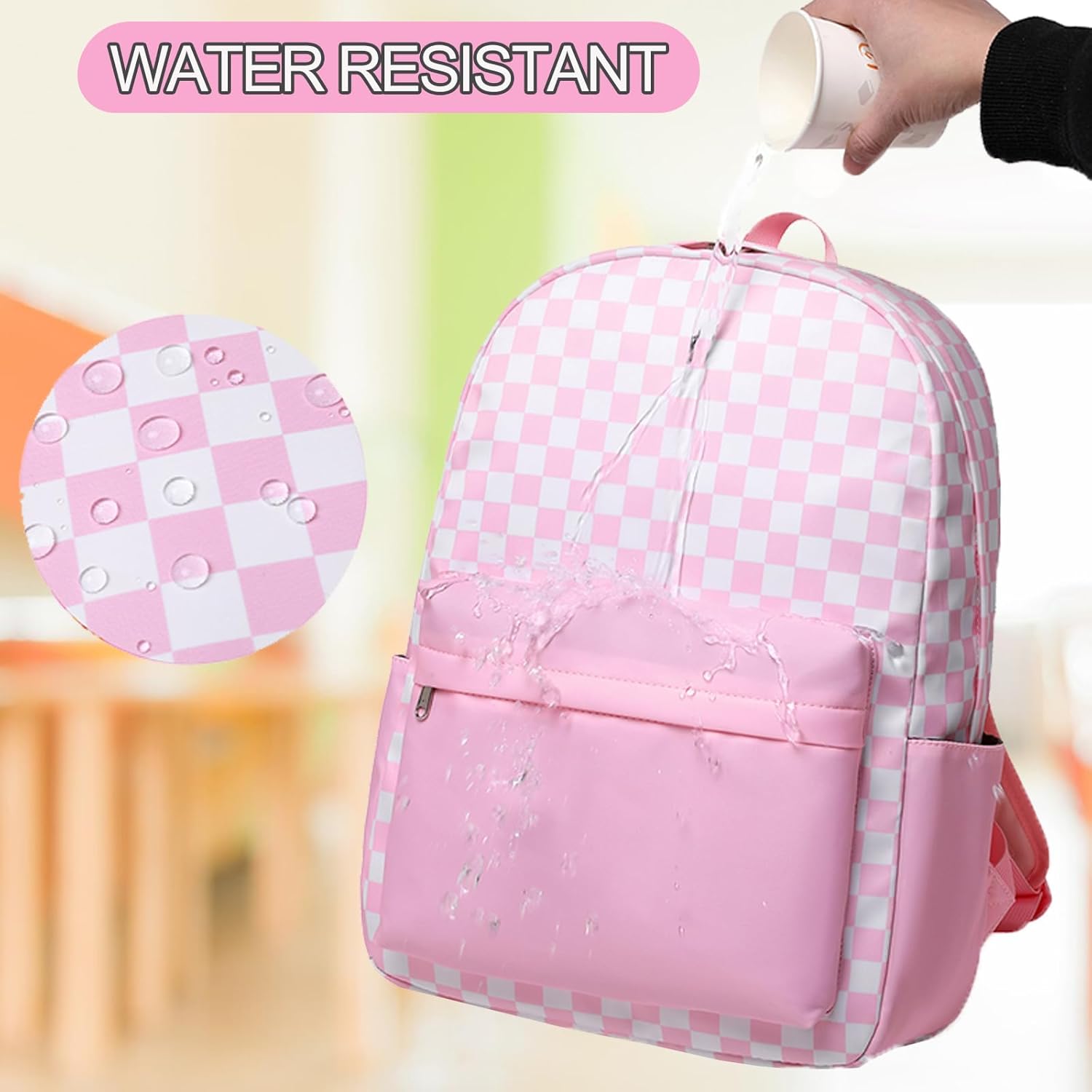 School Backpack for Girls Teens Checkered Bookbag with Lunch Box Set Kids Backpack Elementary Middle School Bag (Checker-Pink)