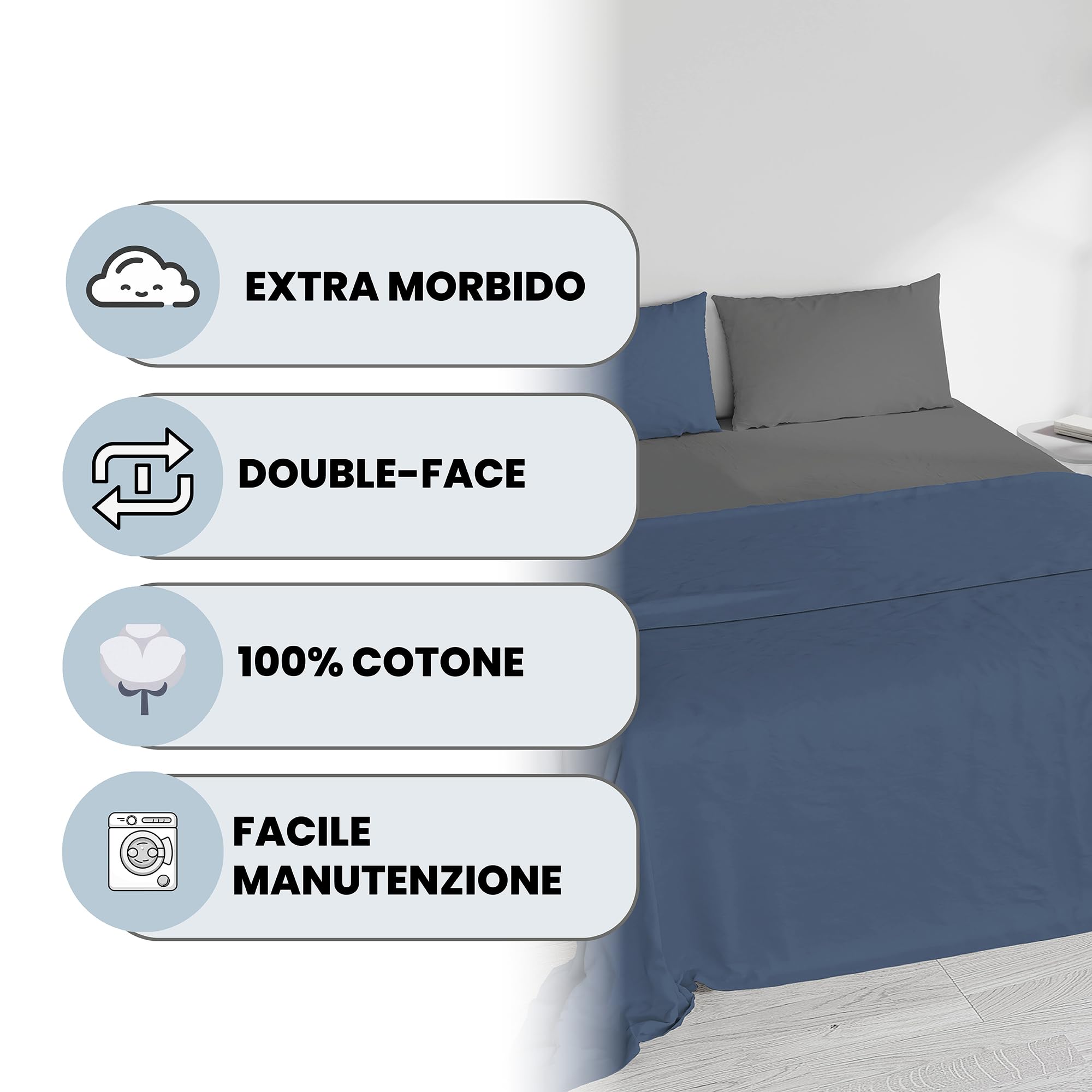 COMPLETO LETTO MATRIMONIALE NATURAL COLOR 100% Cotone - Prodotto in Italia - Sopra 240x300 cm, Sotto 170x200 cm, Federe 50x80 cm Tinta Unita - DoubleFace - Avio/Fumo