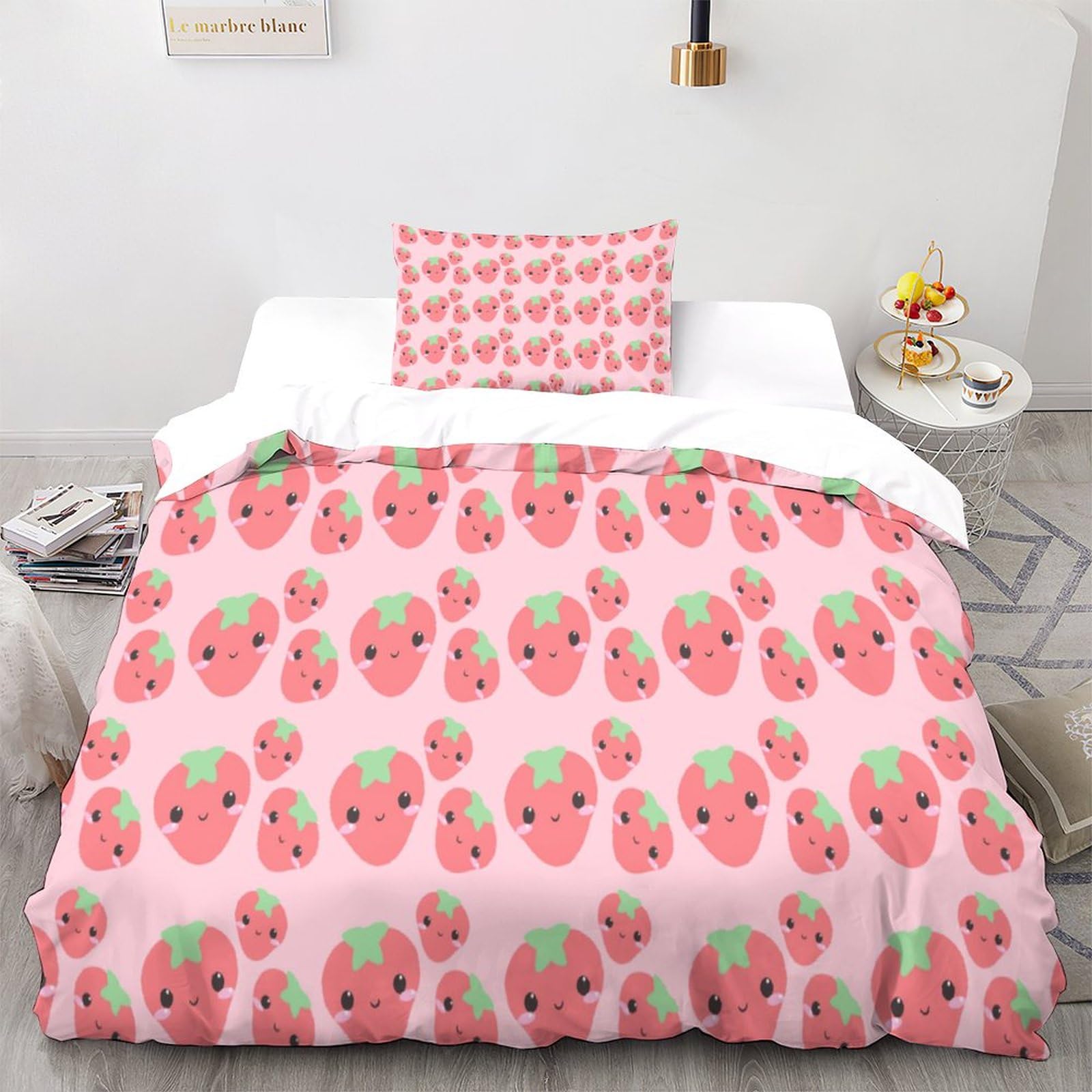 Housse de couette fraises 3D 135x200 parure de lit single