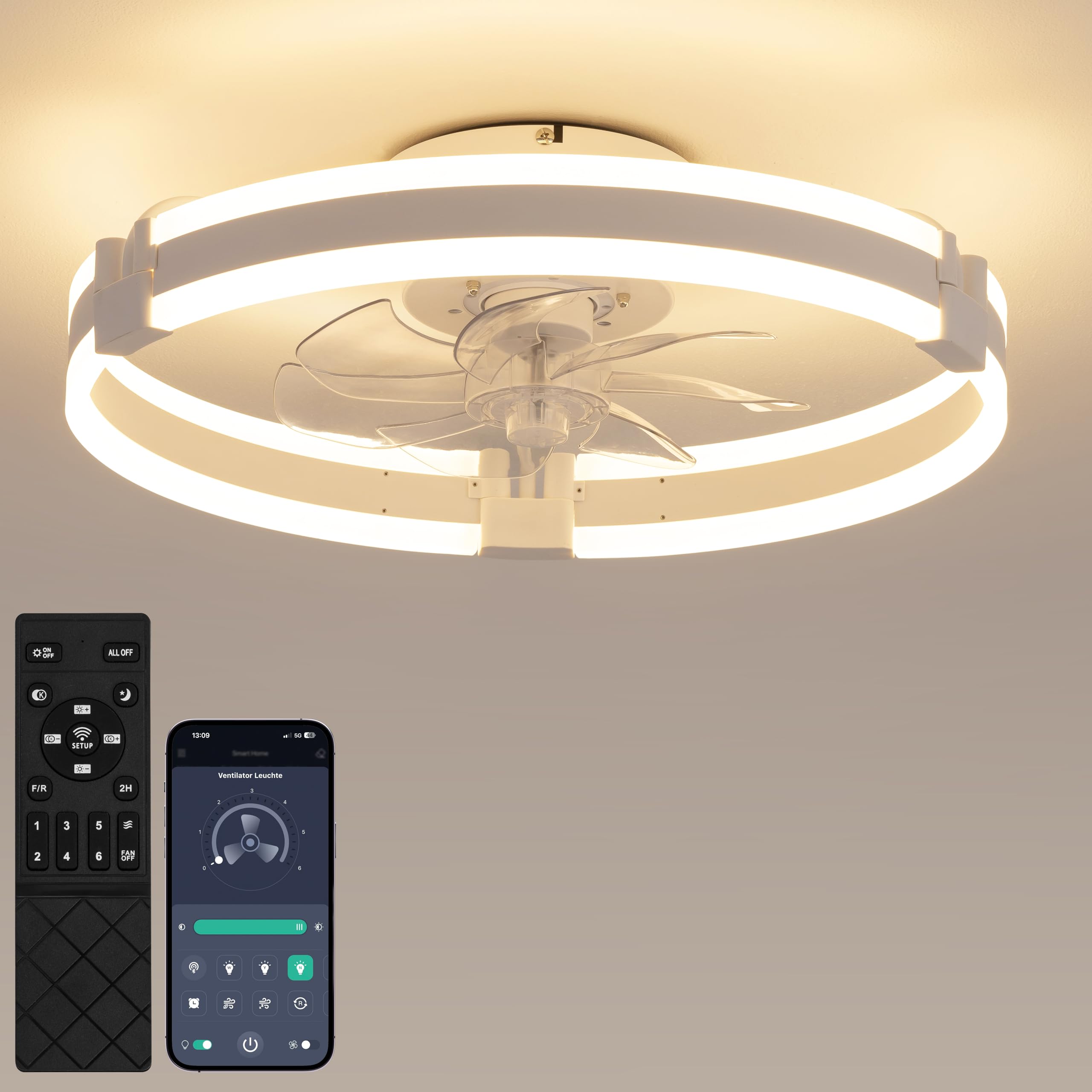 Deckenventilator mit Beleuchtung Ø50cm Dimmbare 6-Gang Ceiling Fan Light