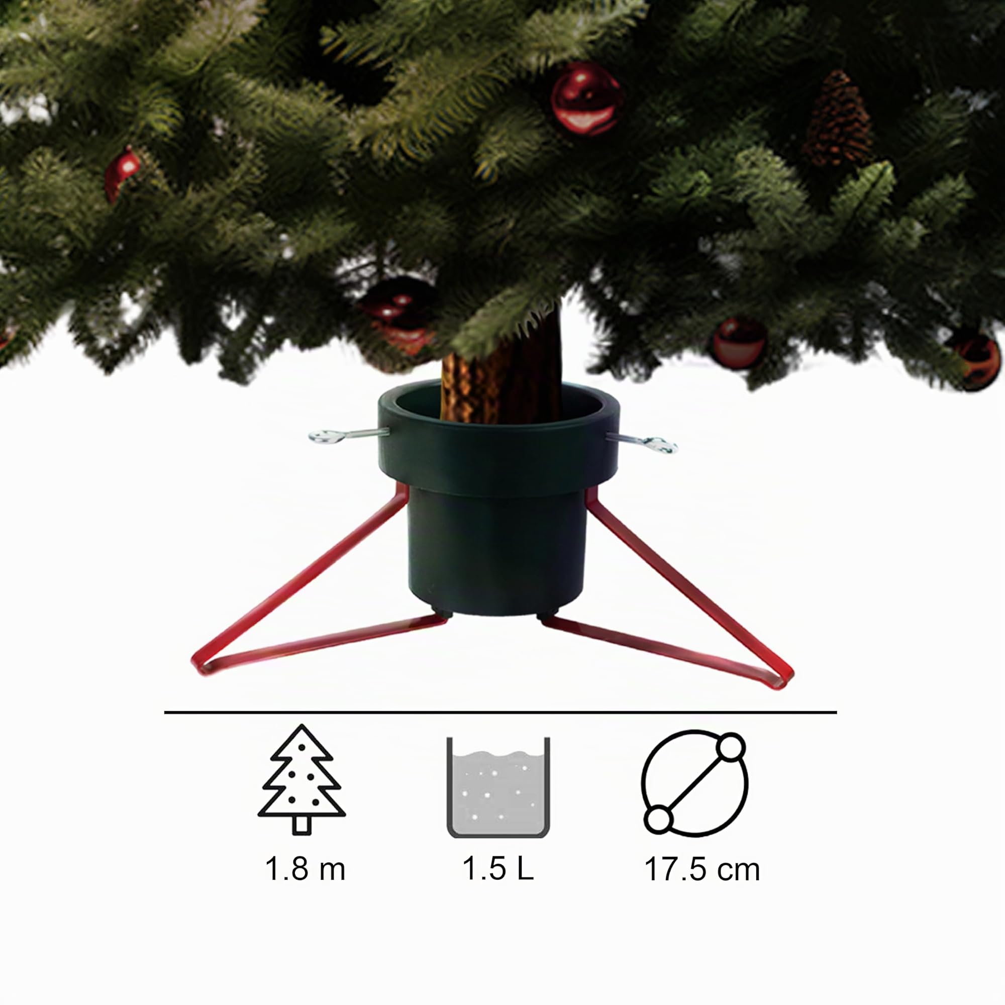 Support pour sapin de Noël pour arbres jusqu'à 1,8 m | Fixation manuelle avec 3 mécanismes à vis | Réservoir d'eau remplissable jusqu'à 1,5 L pour une stabilité supplémentaire | Support de