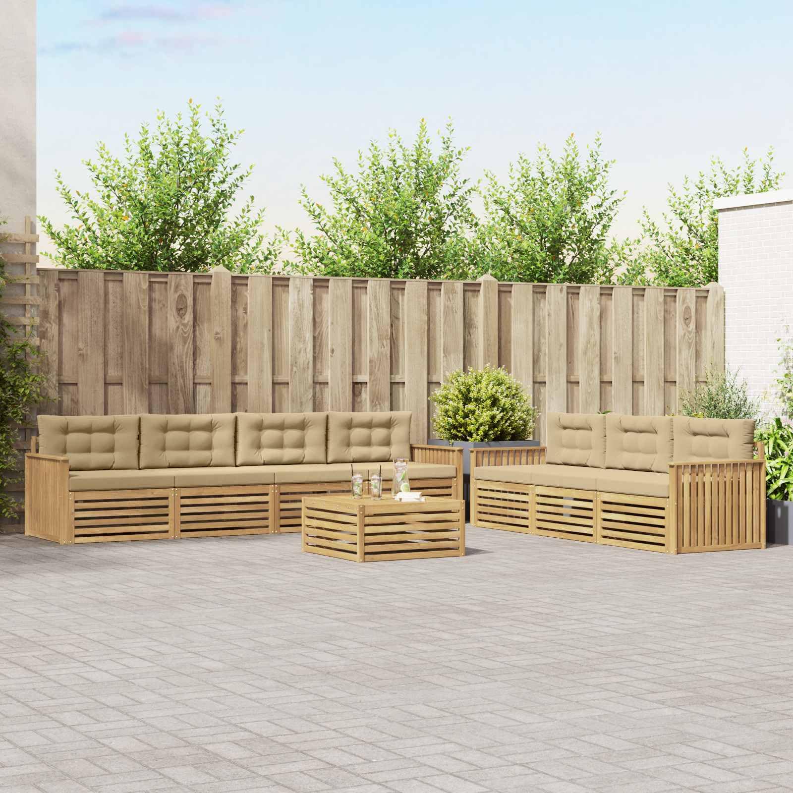 Gartenmöbelset 8-teilig aus massivem Akazienholz wetterfest Moderne Sitzgruppe für Terrasse Balkon Garten Esszimmer Wohnzimmer mit Tisch, Sofas, Stühlen, Kissen, modular, langlebig