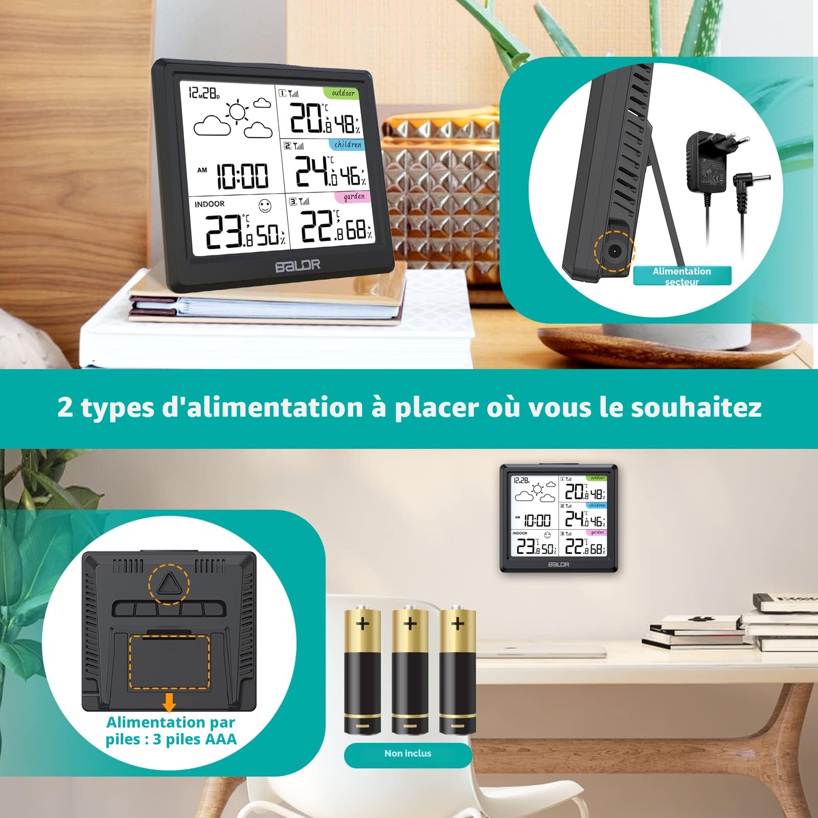 LEVIPE Station météo sans Fil, Thermomètre Hygromètre Baromètre Intérieure Extérieure avec 3 CapteursLED Ecran Rétro-éclairage Horloge Numérique Alarme et Snooze Affichage Heure Date Jour Noir