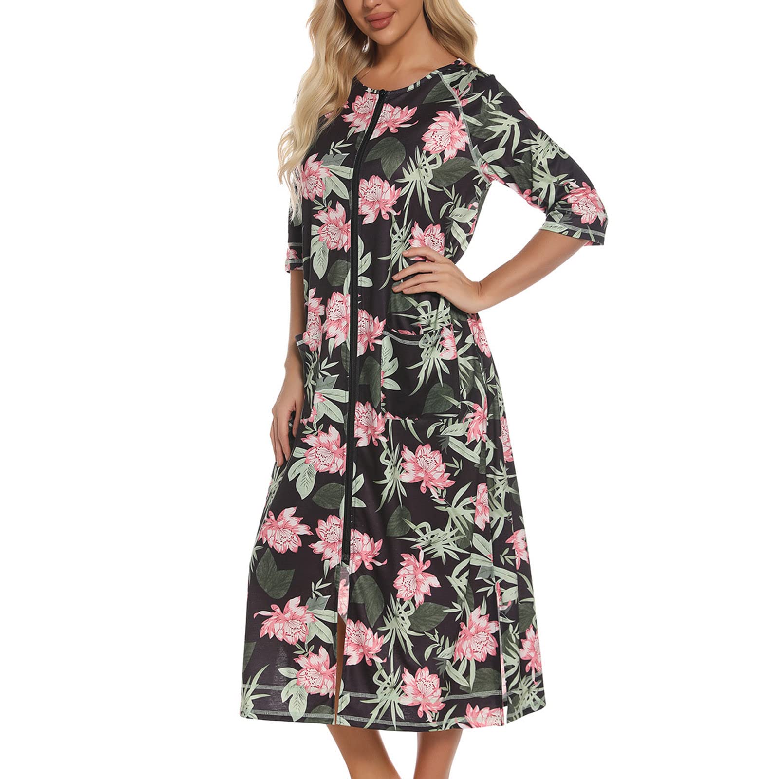 NSICBMNO Robe de chambre florale légère pour femme - Longue fermeture éclair - Manches 3/4 - Col rond - Vêtements de nuit