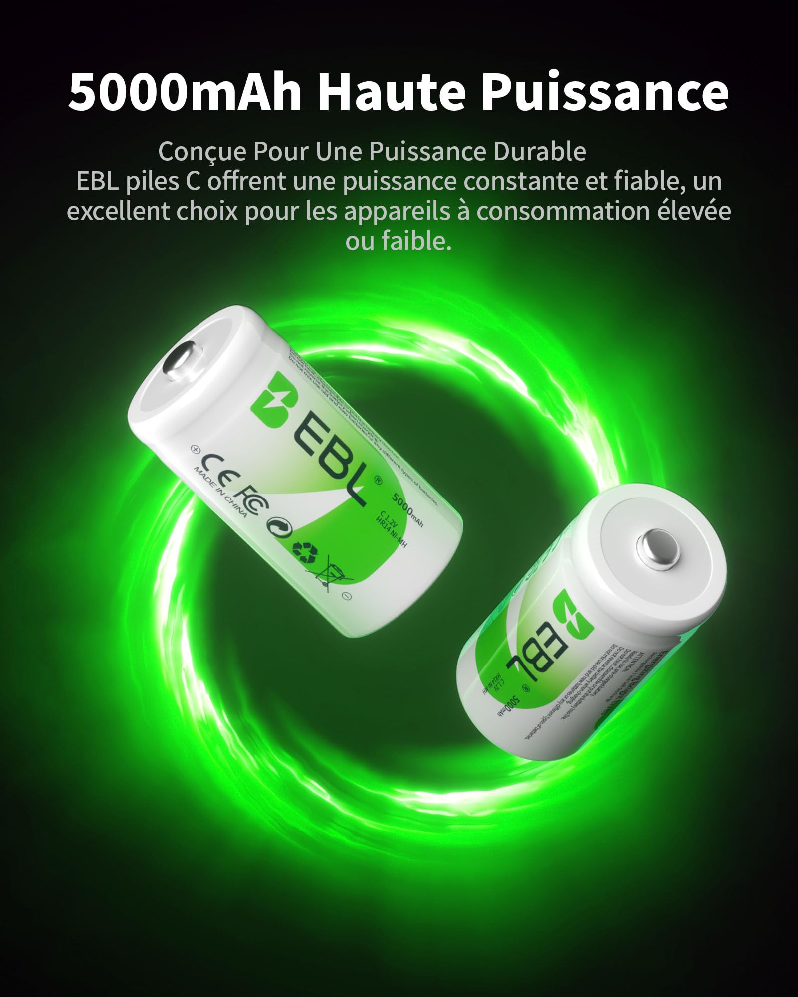 EBL 6PCS Piles C Rechargeables Ni-MH 1,2V, Baby C Type C HR14 Piles Rechargeables avec Boîte de Stockage de Piles
