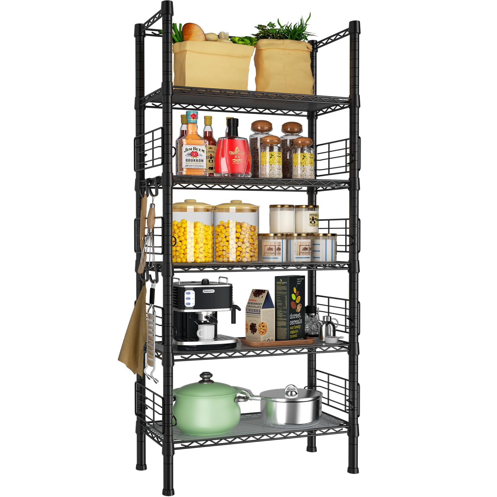FUTASSI Metal Storage Rack, Storage Organizer Shelves for Kitchen, Bathroom, Living Room, Balcony and Garage, 5 Tiers Narrow Bookshelf, 21.2