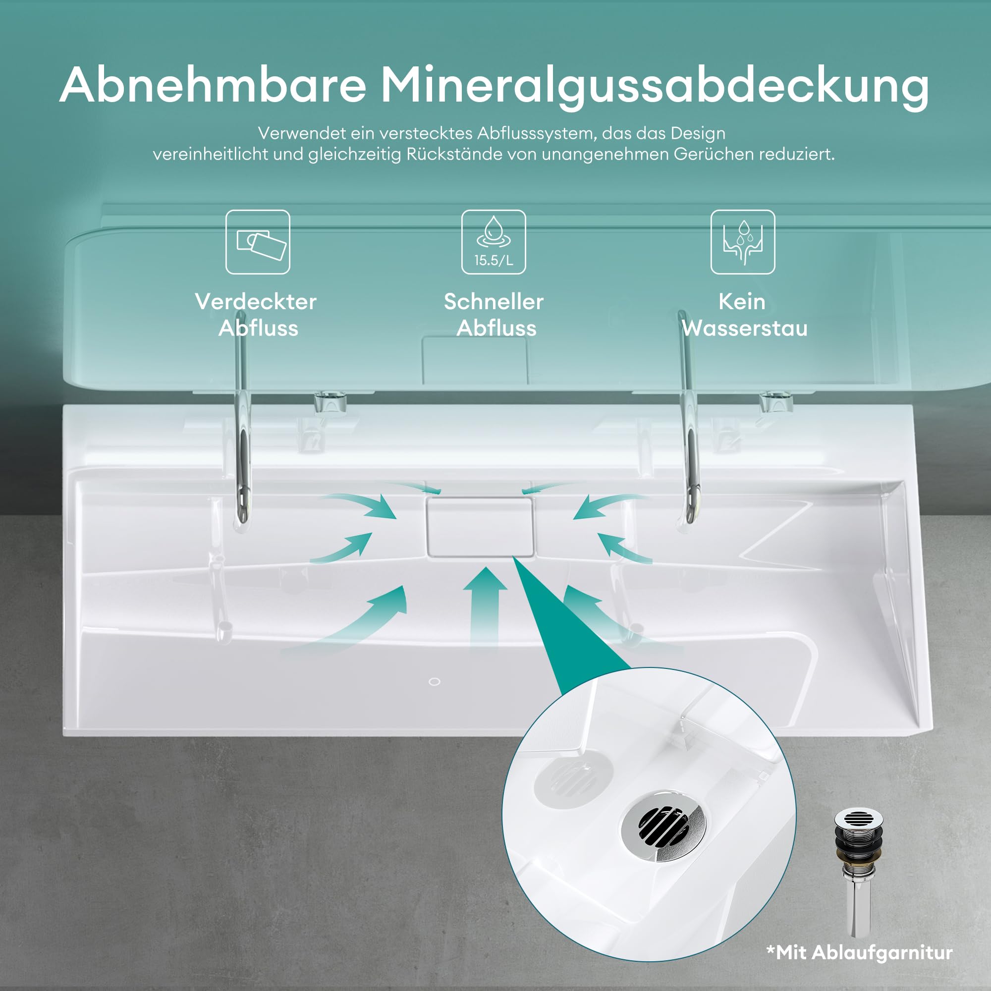 Mai & Mai Waschbecken Weiß Aufsatzwaschbecken Hängewaschtisch inkl. Ablaufgarnitur Mineralguss Rechteckig Waschplatz ohne Armaturenloch Breite: 50cm