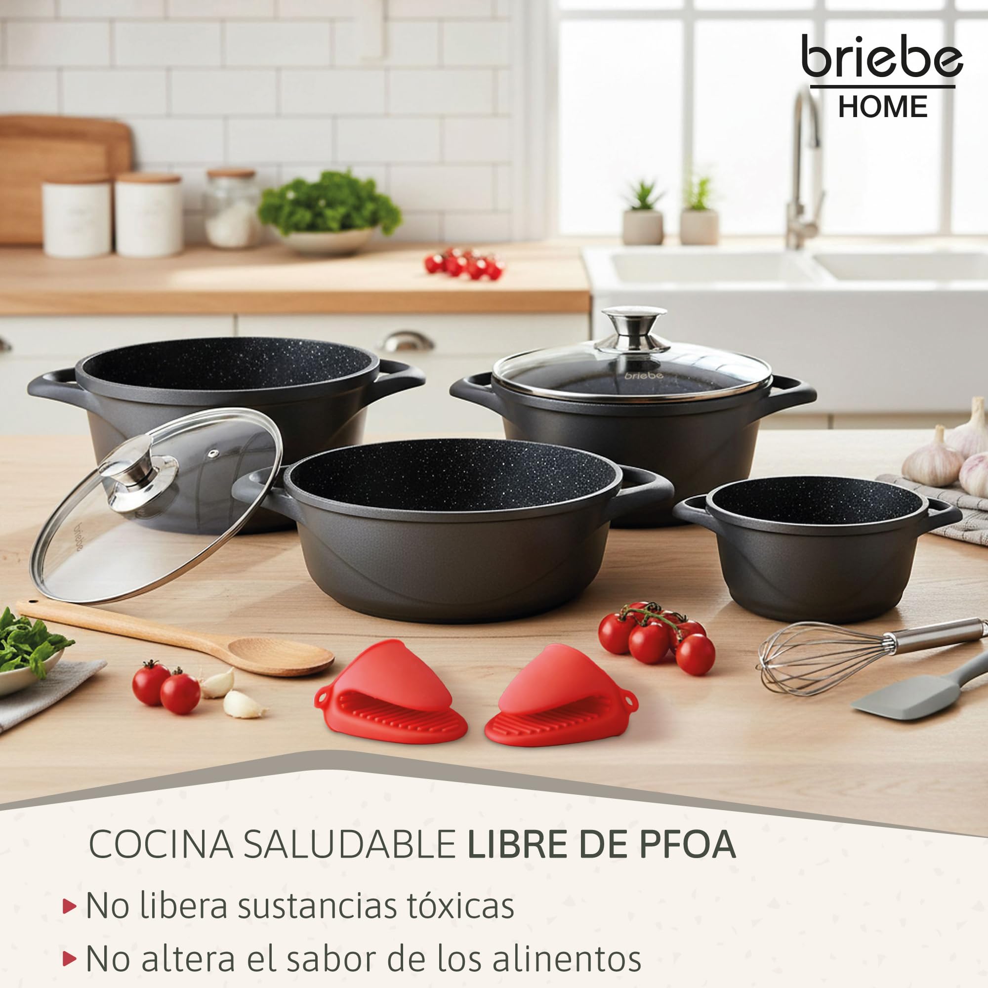 briebe Batería Cocina Inducción 8 Piezas, Juego 4 Ollas Aluminio Fundido, Antiadherente ILAG GRANITEC sin PFOA, Set Cazuelas Tapas Cristal, Guantes Silicona, Vitrocerámica, Gas, Horno, MGK-17