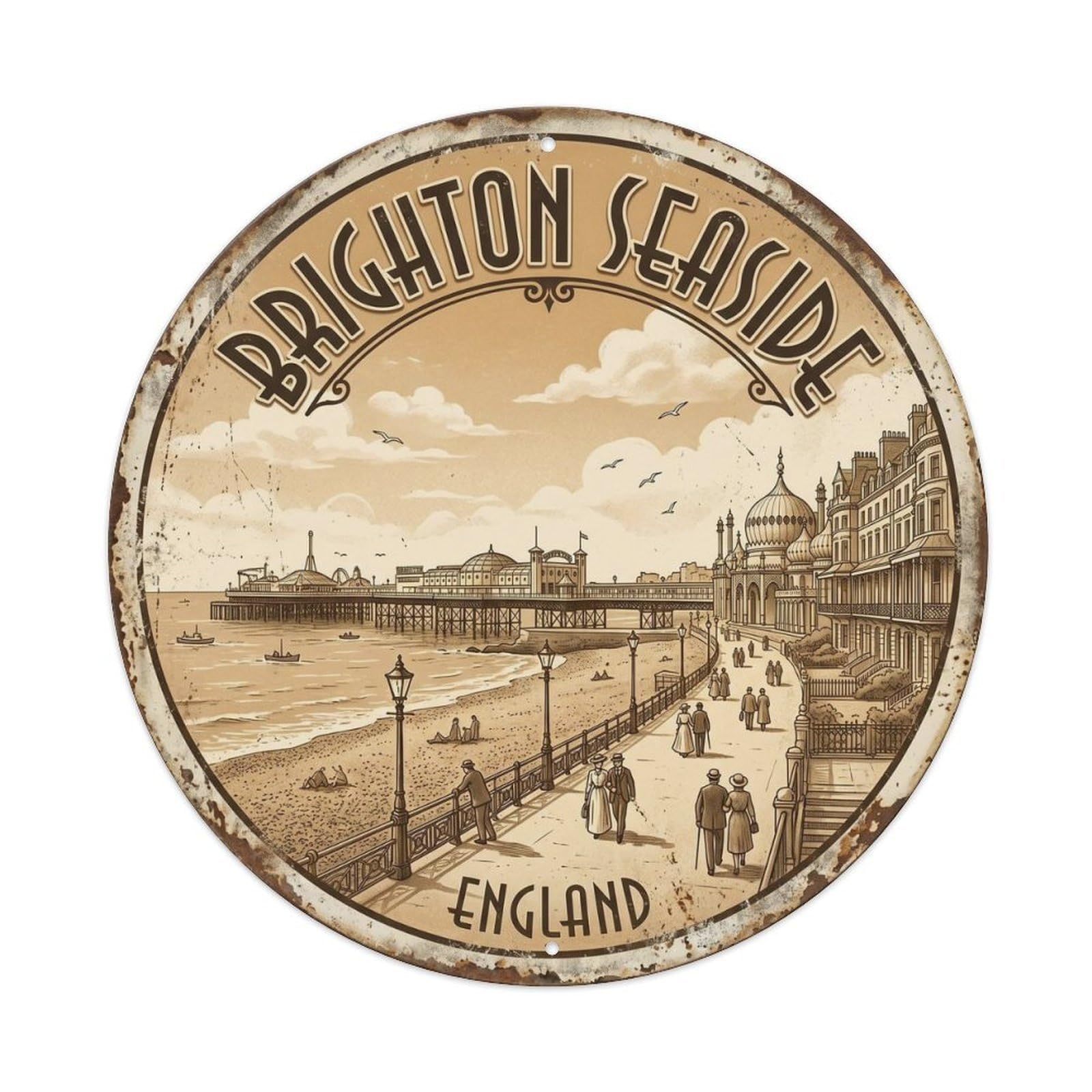 Brighton Seaside England Travel Map Vintage Cityscape Cartography Metal Tin Sign Plaque Wall Decor for Cafe, Man Cave, Club Bar, Office, Home Garden Round Metal Poster 8x8Inch