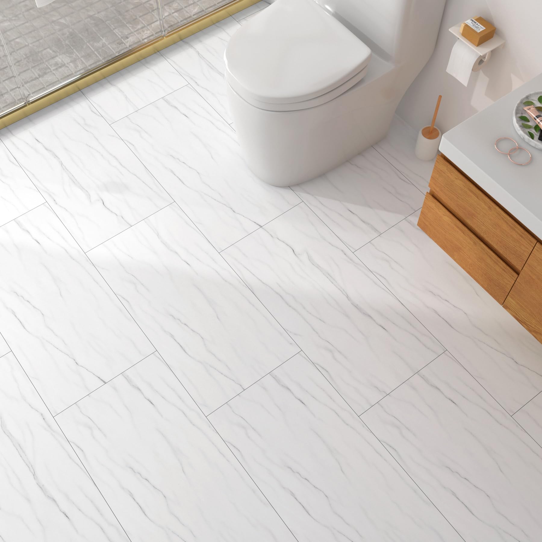 FunStick 12"x24" Peel and Stick Floor Tile White Marble Self Adhesive Vinyl Flooring Tiles Peel and Stick Wall Tiles for Bathroom Waterproof Marble