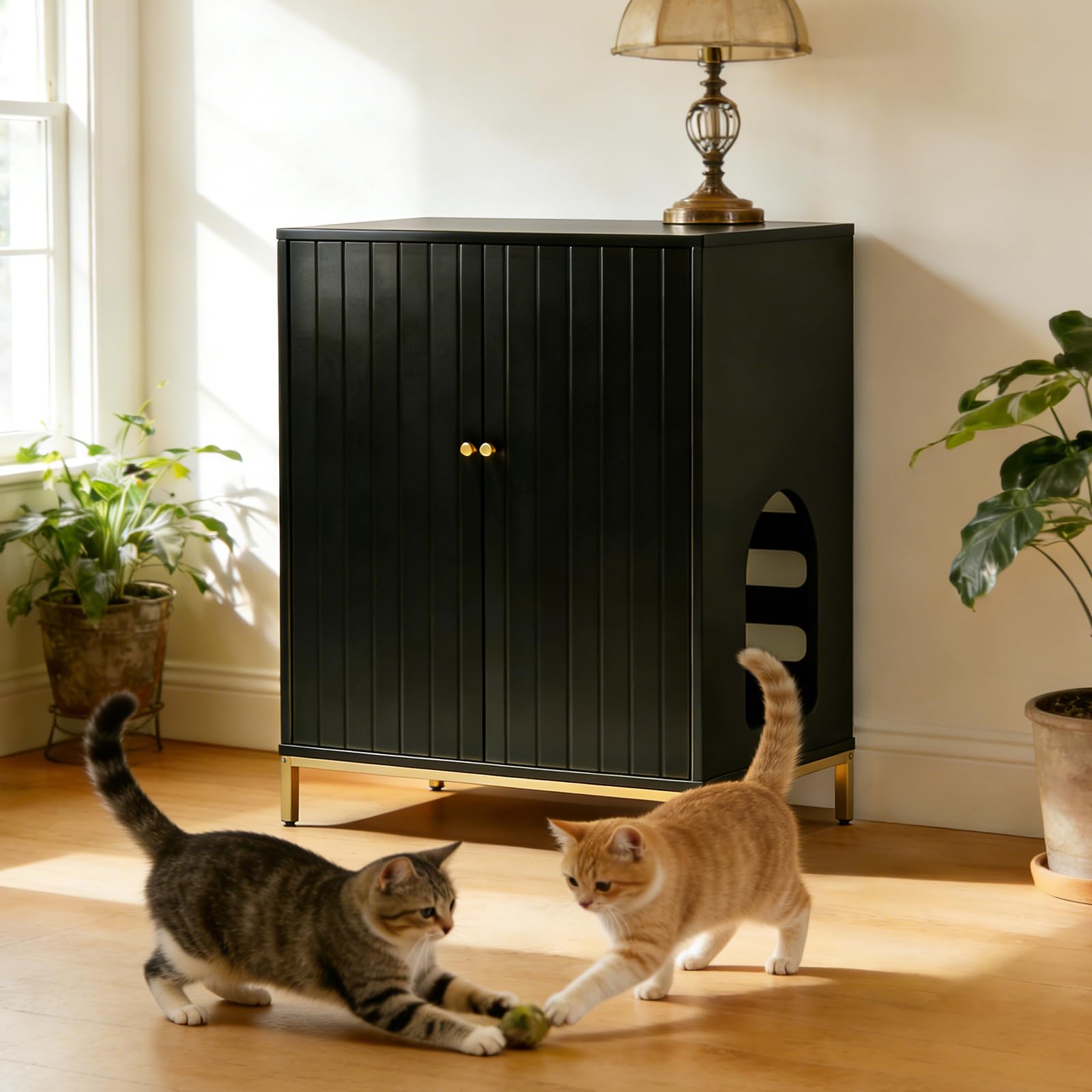 31.5" Tall Hidden Cat Litter Box Furniture with Storage Cabinet, Cat Litter Box Enclosure End Table with Ventilated Back Panel, Modern Cat Washroom Cabinet for Living Room or Bedroom, Black