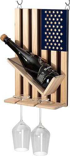 Miniatura 3 de The Wine Savant Estante para vinos montado en la pared con la bandera estadounidense, hermoso soporte para botellas y vino y 2 vasos patrióticos