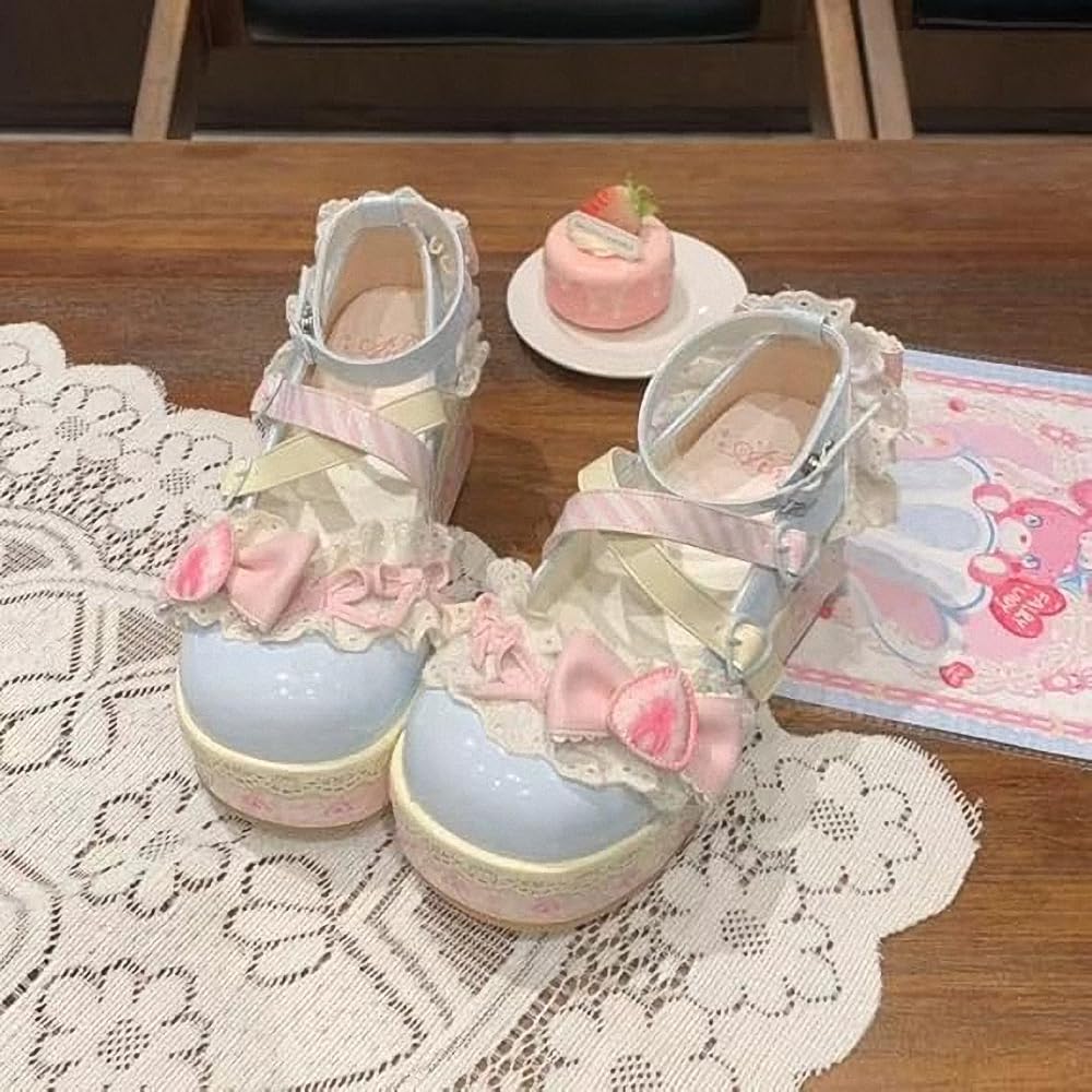 Damen Lolita Mary Jane Schuhe Gothic Runde Zehenpartie Klobiger Plateauabsatz Spitze Bunt Punkrock Süß Kawaii Mit JK Bubble Princess-Kleid Denim-Lederrock Jeans