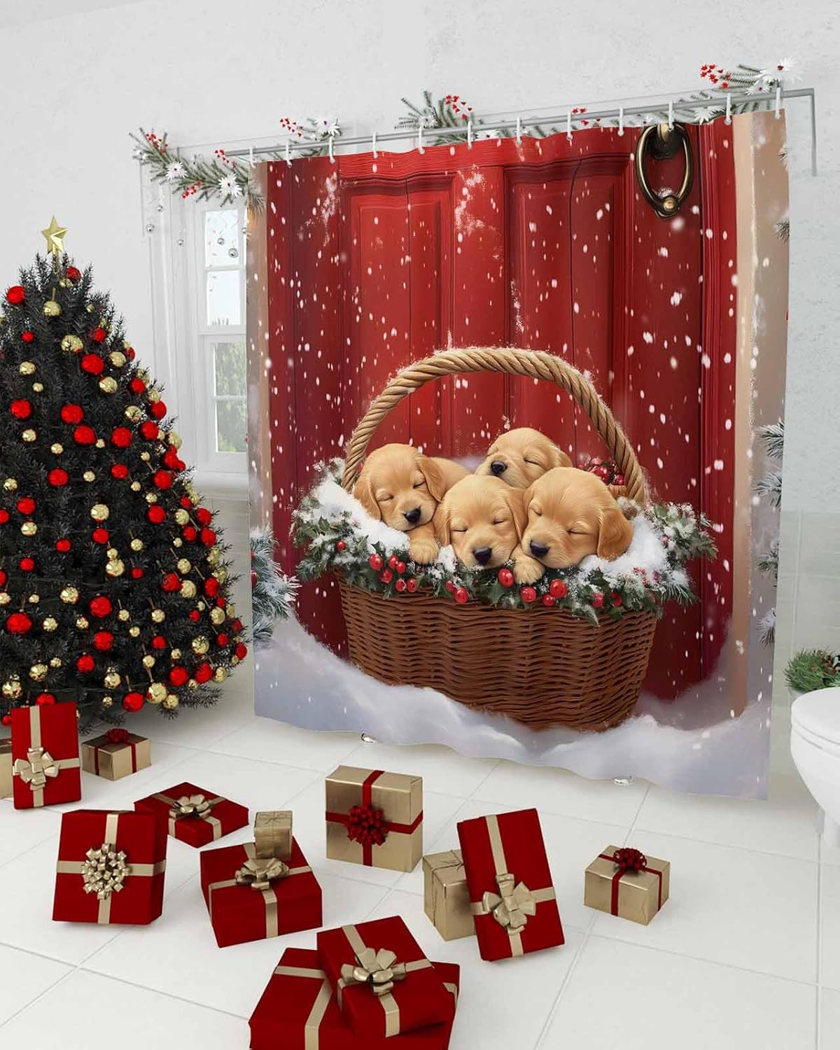 Christmas Pet Dog Golden Retriever Shower Curtain, Winter Snow Doorway Red Waterproof Shower Curtain Set with Hooks for Bathroom Showers,Stalls and Bathtubs,48x72In