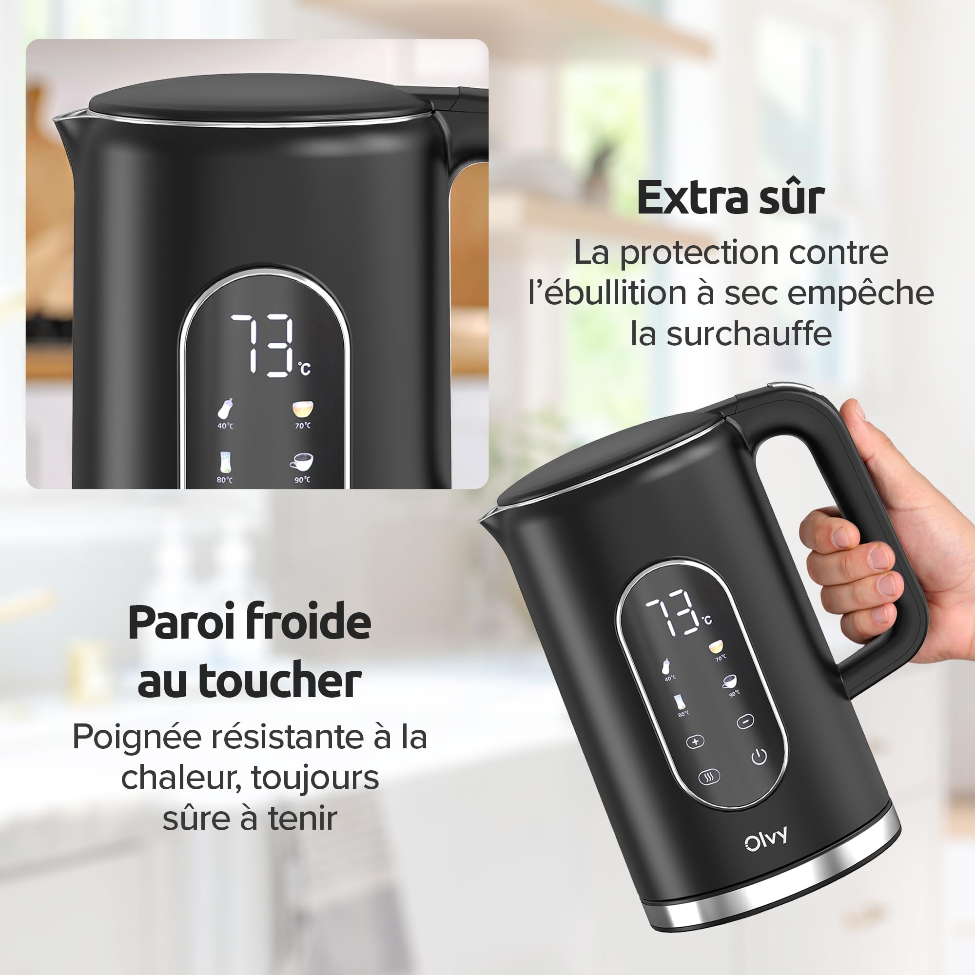 Bouilloire Électrique Olvy 1,7 L 2200W Double Paroi Inox Chauffe-Eau Rapide