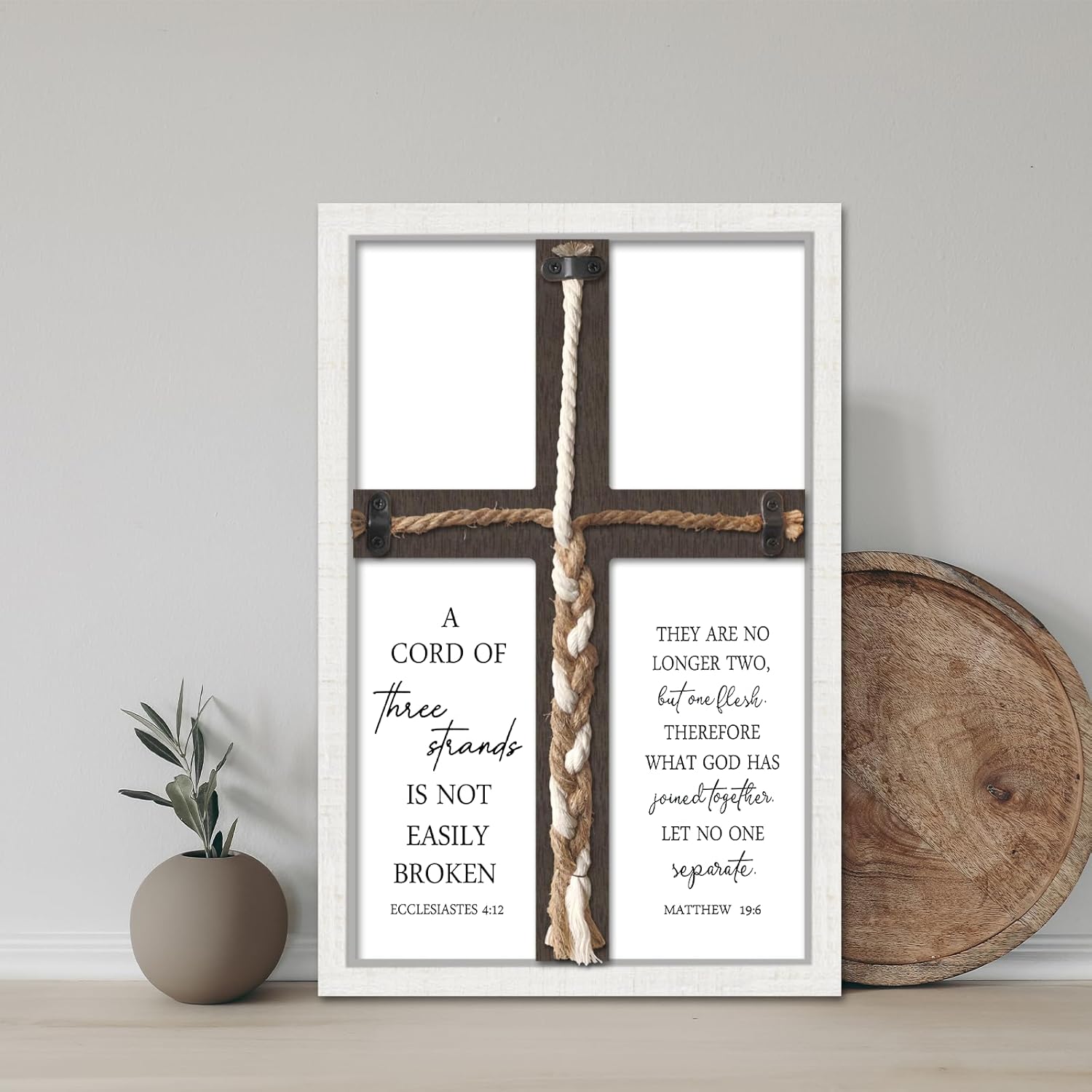 comurdyo A Cord of Three Strands Wedding Ceremony Cross Sign Wall Decor 15"X10" Unity Cord Art Ecclesiastes 4:12 for Couple Braid Christian Bible Verse Scripture Religious Marriage Prayer Gifts (White)