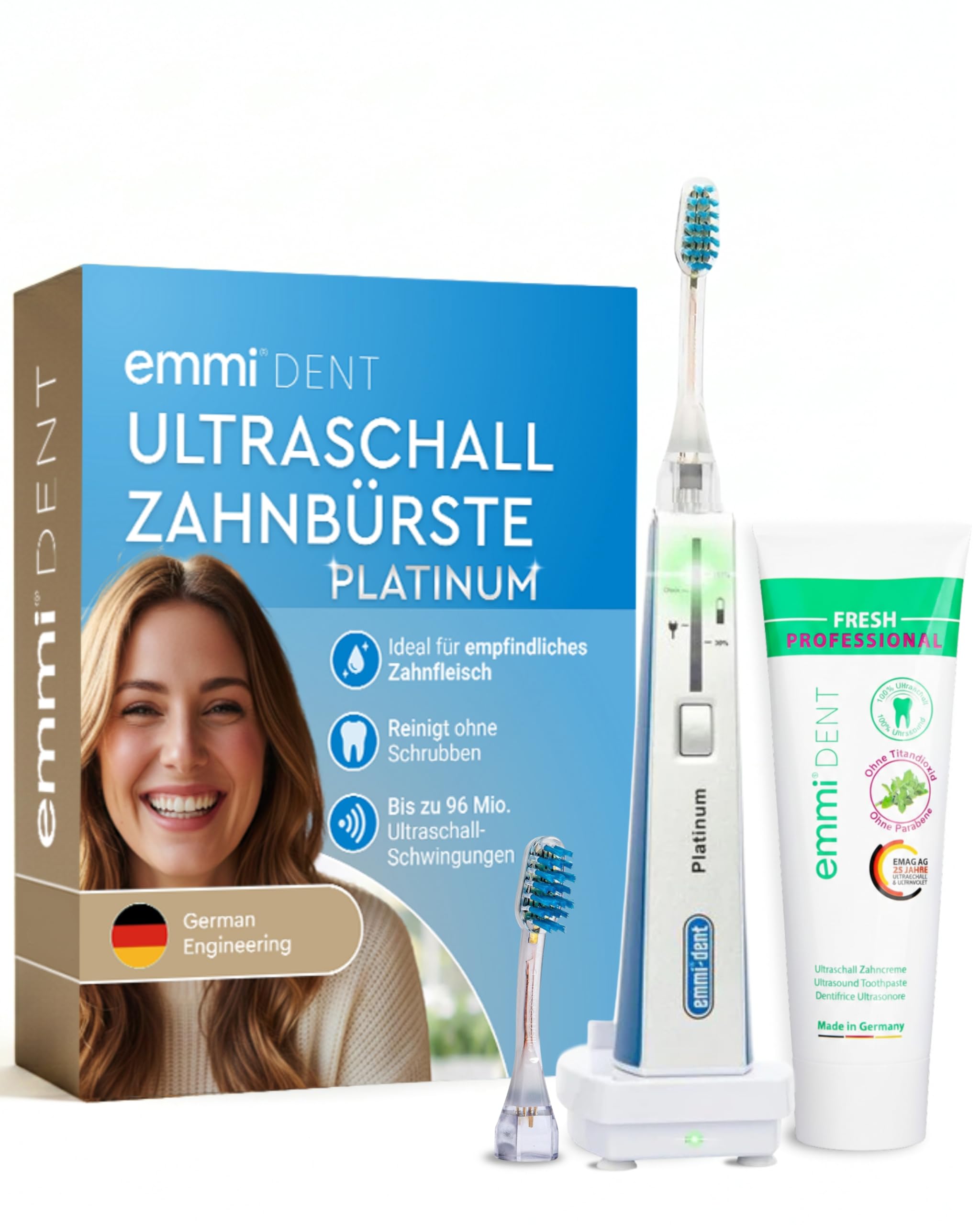 emmi-DENT Ultraschall Zahnbürste I Platinum Starter Set in Blau I inkl. Handteil, Ladestation, 2x Aufsatz & Zahnpasta I Plaque- & Zahnsteinreduzierung I Sanfte Reinigung ohne Bürstenbewegung