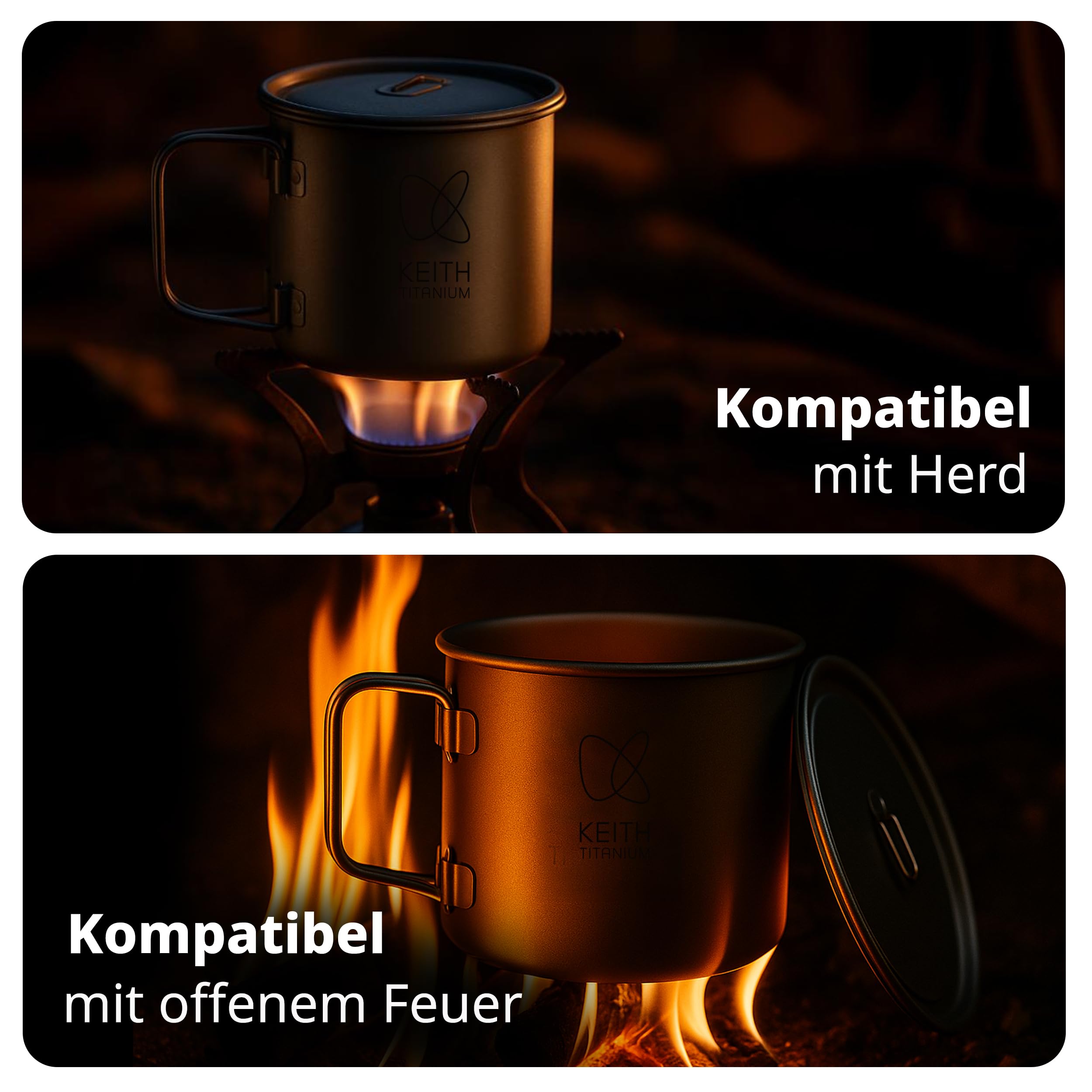 Keith Titanium Einwandiger Titanbecher, Tragbarer Kaffeebecher mit Deckel & klappbarem Henkel, Trinkgeschirr für Tee & Kaffee, Ideal für Camping, Picknick, Trekking & Outdoor (900 Ml)