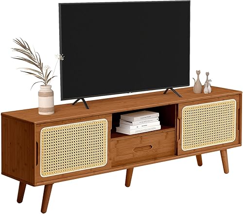 Miniatura 14 de HollyHOME Soporte de TV de bambú con almacenamiento para televisores de hasta 65 pulgadas, moderno centro de entretenimiento con 2 estantes