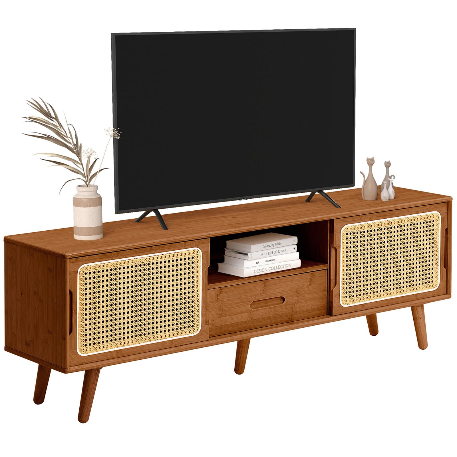 hollyhome bamboo tv stand with storage for tvs up to 6534 modern entertainment center with rattan and drawer accent tv table with 2 shelf media console cabinet for living room bedroom walnut