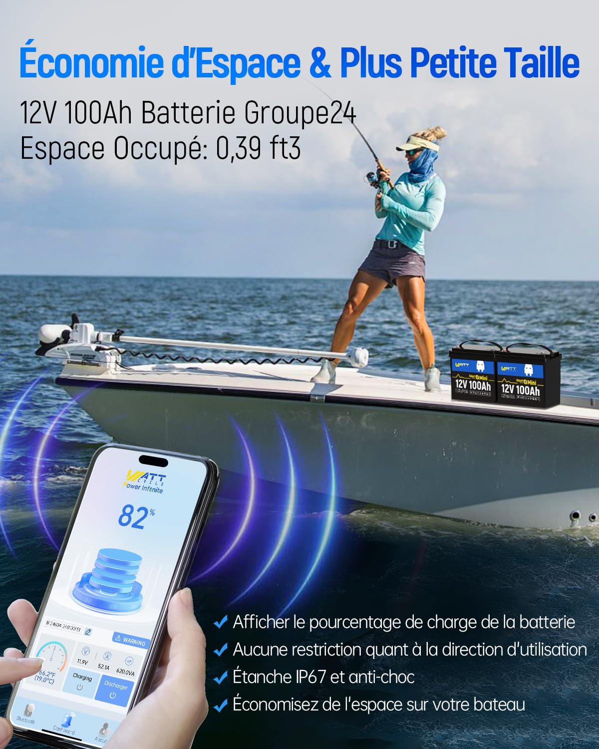 Batería de Litio LiFePO4 12V 100Ah con Bluetooth, Grupo BCI 24, 12V Mini Baterías 100A BMS Inteligente, Soporta Bluetooth en Teléfono, 15000 Ciclos Profundos, Motor de Arrastre Marino RV