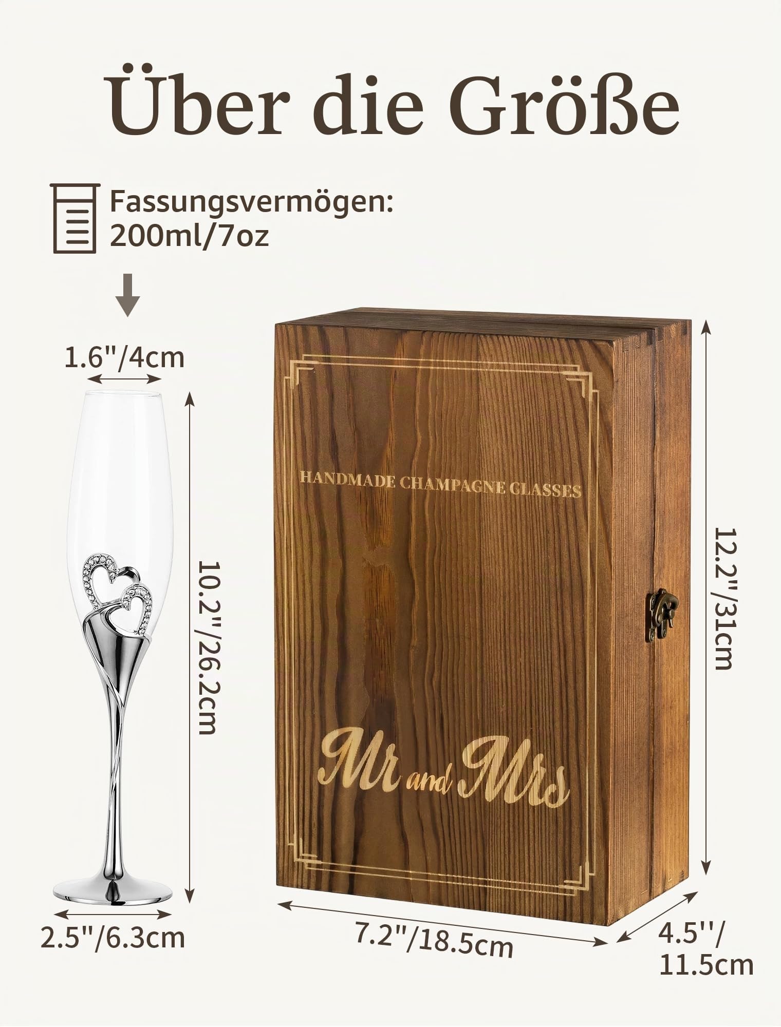 Silber Sektgläser für Hochzeit, mit Holz-Geschenkbox, 2 Stück | 200 ml Fassungsvermögen, Bleifreies Kristallglas, Metallstiel, für Verlobung, Jahrestag, Brautparty, Brautpaar, Anstoßen