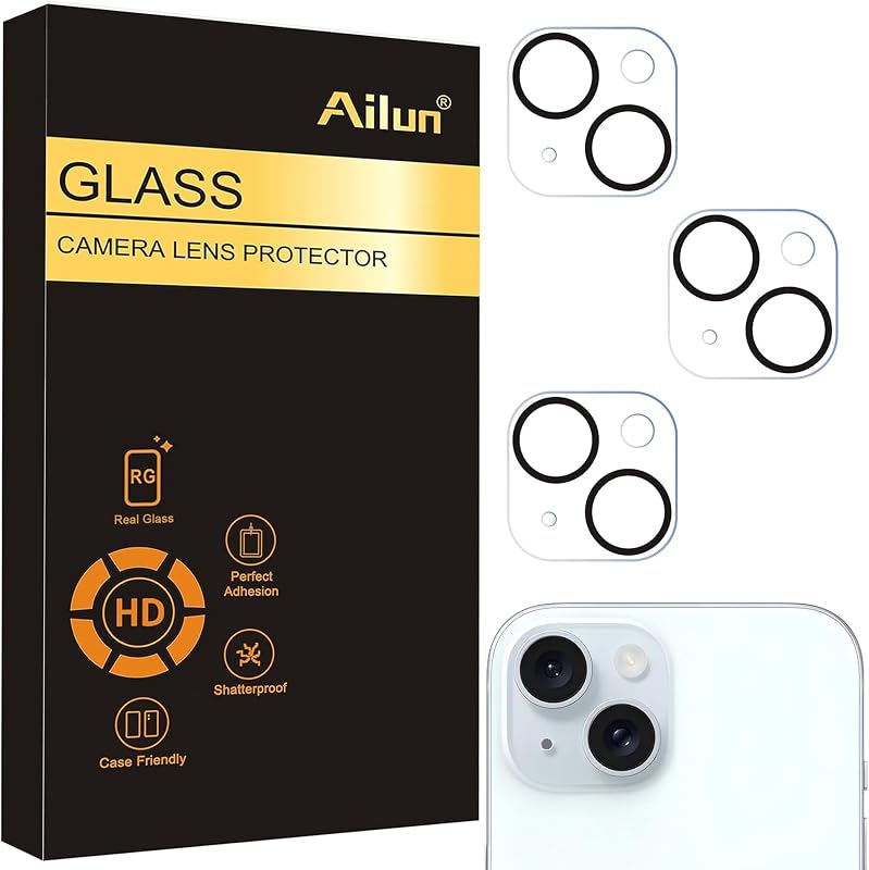 Ailun Paquete de 3 protectores de lente de cámara iPhone 15/14/iPhone 15 Plus/14 Plus | Vidrio templado, Ultra HD, antiarañazos, compatible con carcasas, no afecta las tomas nocturnas