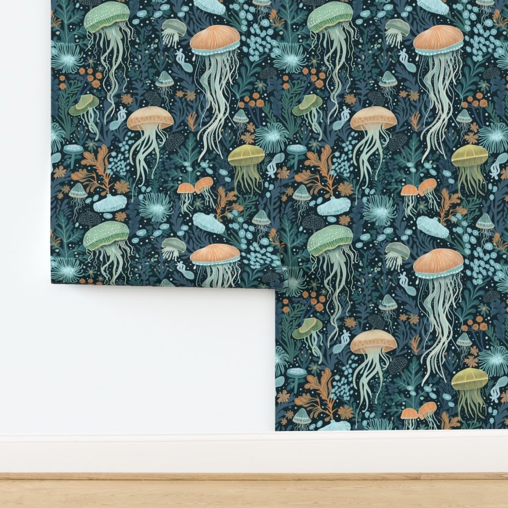 Removable Wallpaper 12ft x 2ft - Blue Jellyfish Under The Sea Ocean Life Seaweed Hand Drawn Coastal Custom Pre-Pasted Wallpaper by Spoonflower