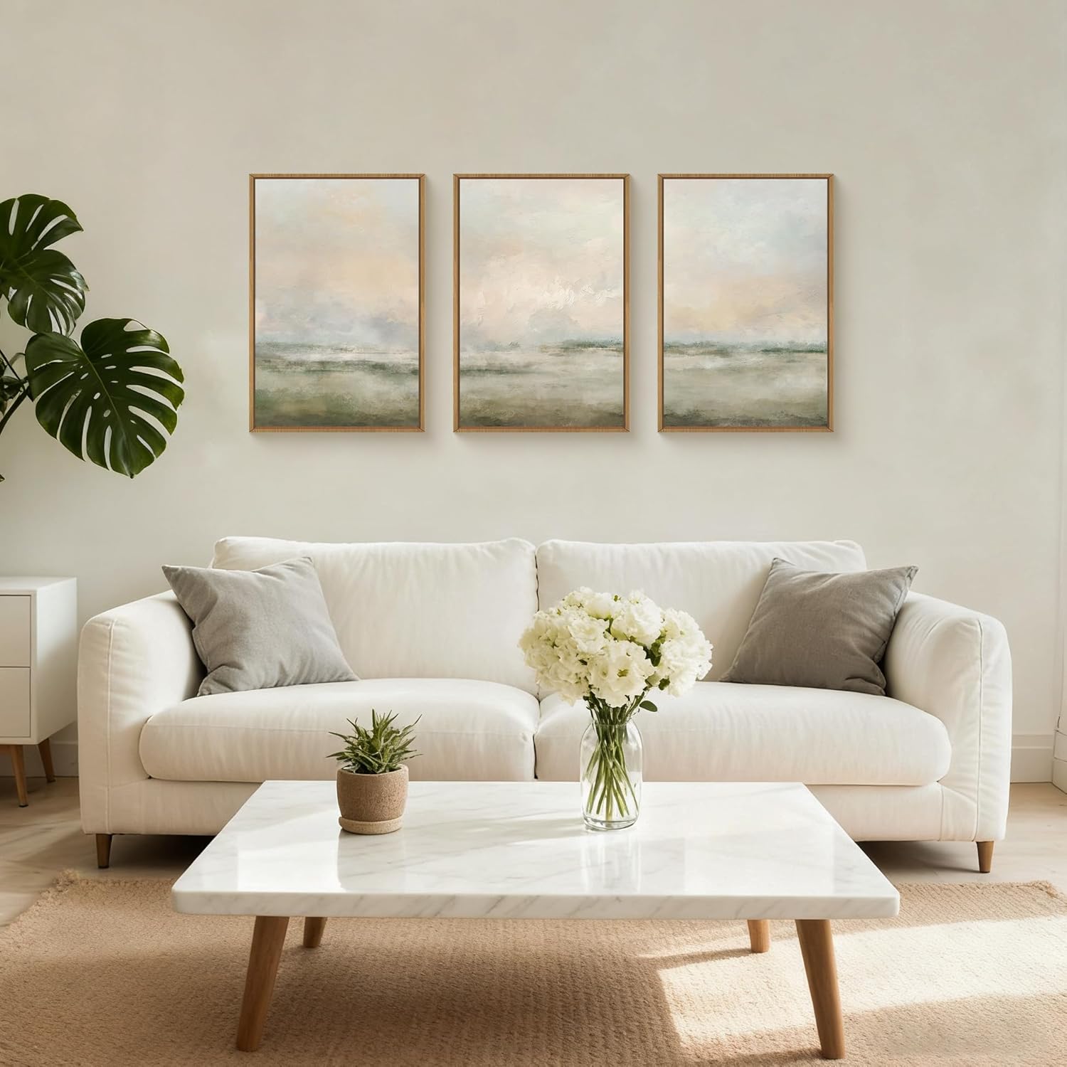 Abstract Beige Green Landscape Framed Canvas Wall Art Set, Watercolor Natural Tan Wall Decor, Minimalist Neutral Modern Scenery Artwork for Living Room, Bedroom,Farmhouse- 24"x36"x3